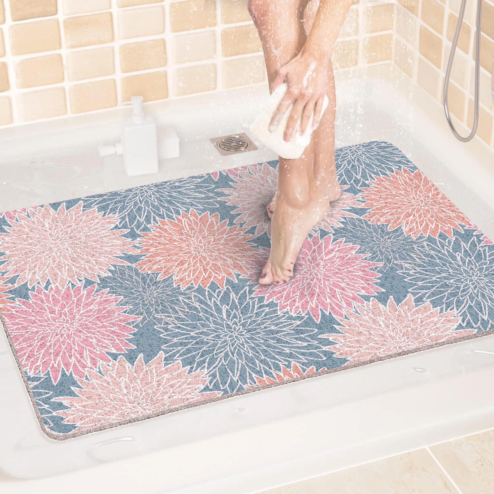 Alfombrilla de ducha antideslizante, 100 x 100 cm, color gris y rosa, de PVC, antideslizante, para interiores, lavable y de secado rápido para superficies húmedas