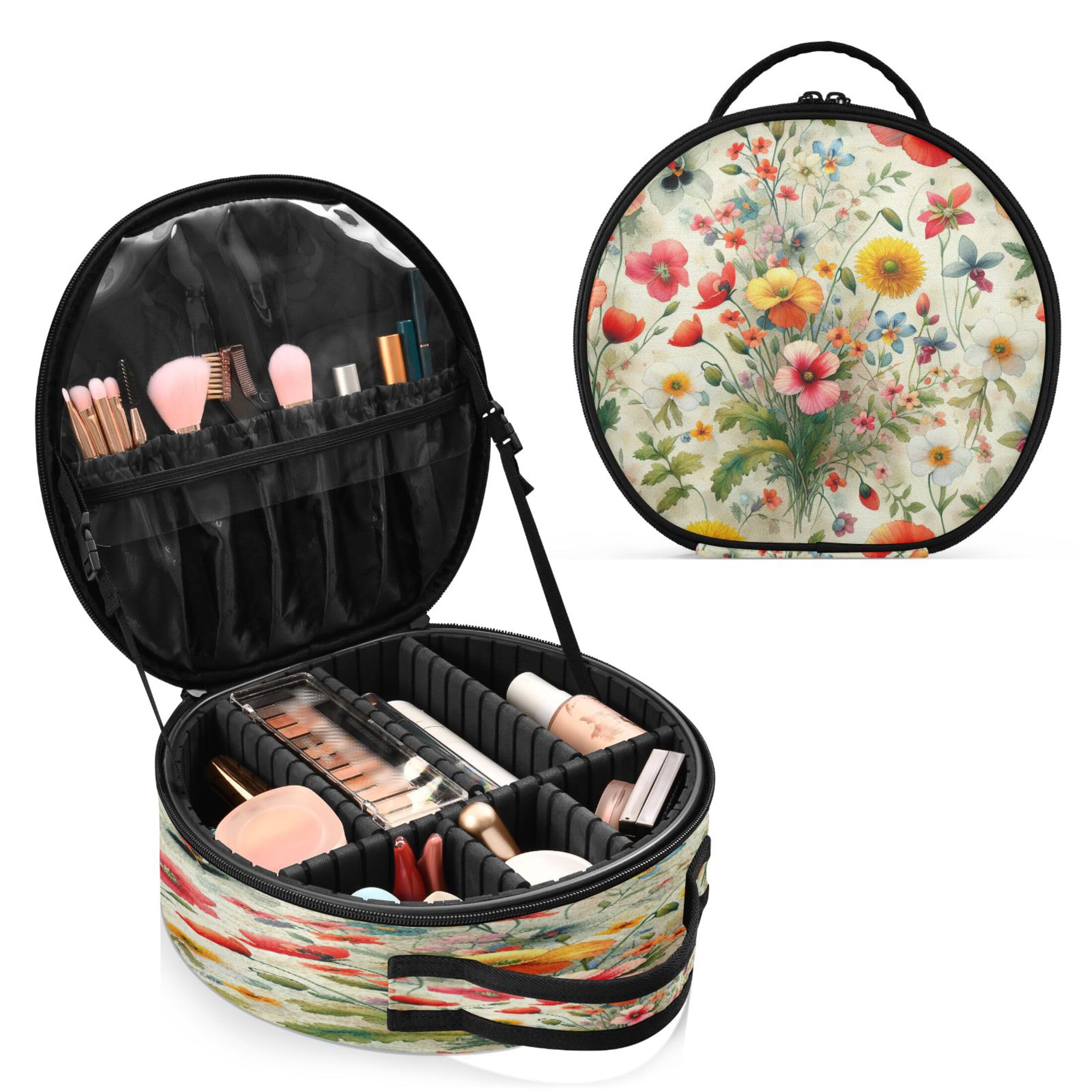 Takiito Watercolor Flowers Travel Makeup Case Portable Makeup Box Artist Cosmetic Case Organizer With Adjustable Dividers