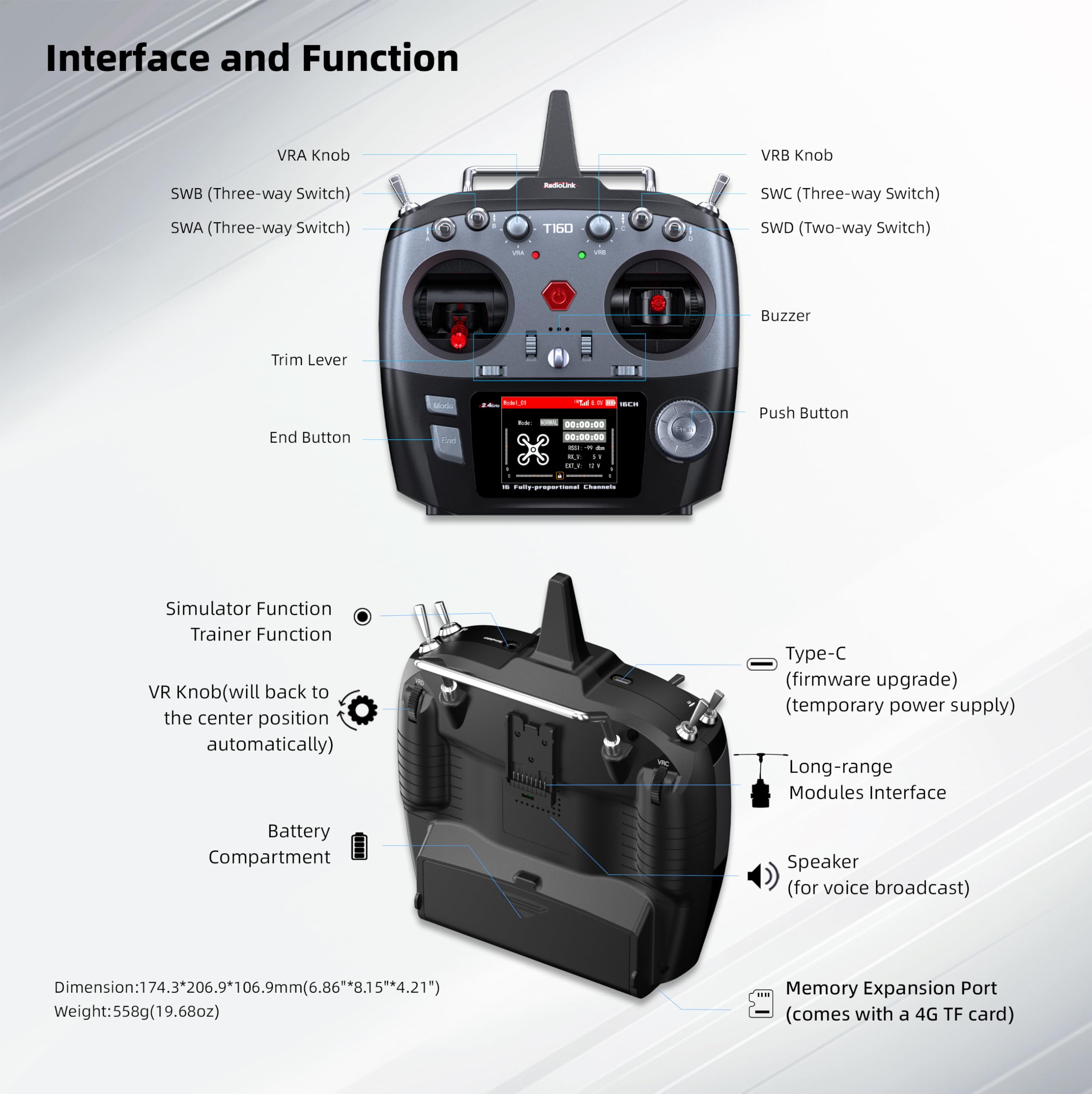 Radiolink T16D 16 canaux RC Émetteur & R16F Récepteur de Télémétrie, Compatible ELRS/TBS Crossfire Longue Portée Module, Diffusion Vocale, pour Drone/Avion/Voiture/Bateau (Mode 2, Accélérateur Gauche)