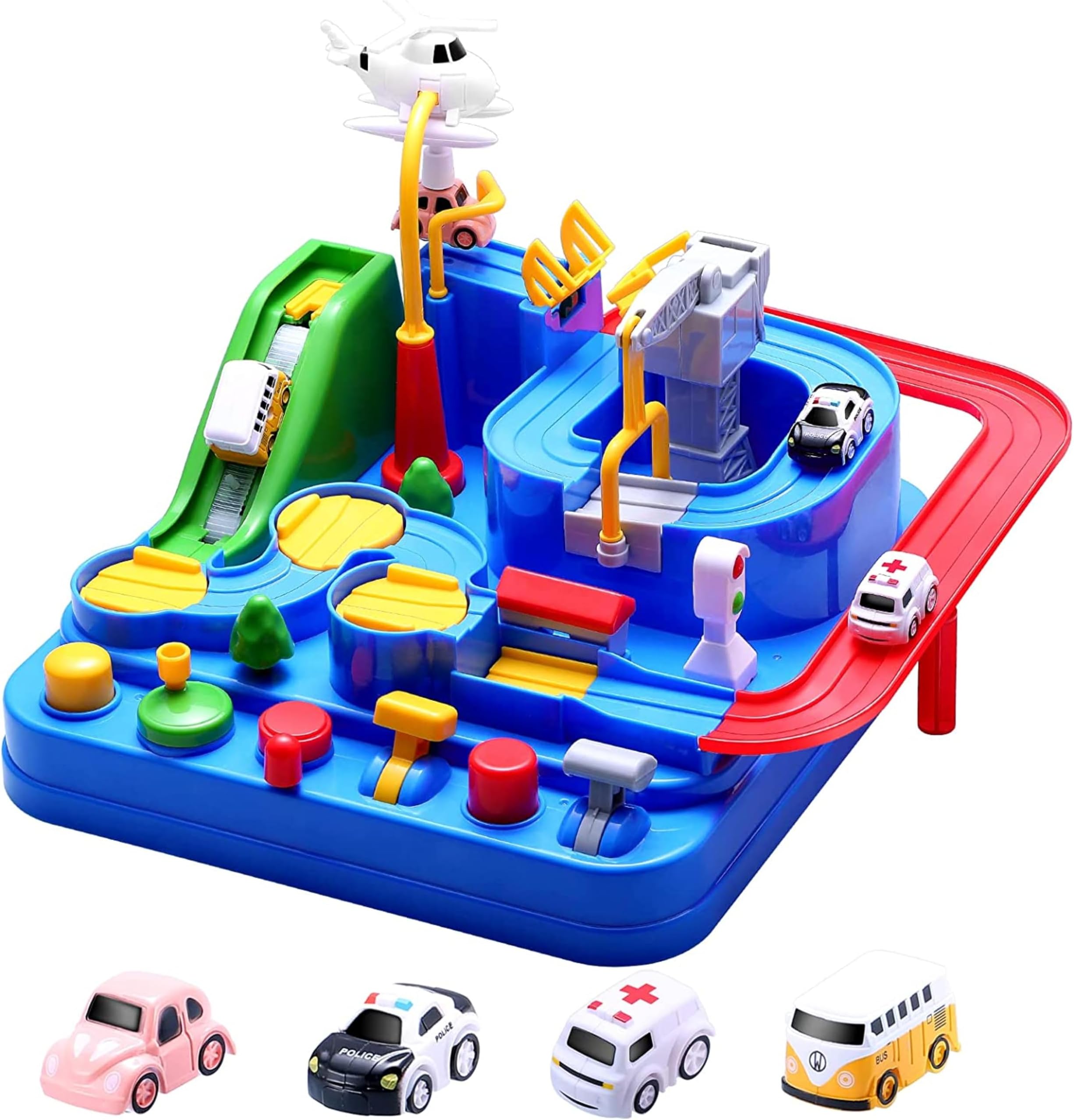 Preschool Educational Car Toys Gifts Puzzle Car Race Tracks, Race Track Toys for Boy Car Adventure Toy for 3 4 5 6 7 8 Years Old Kids (Blue Helicopter Car)