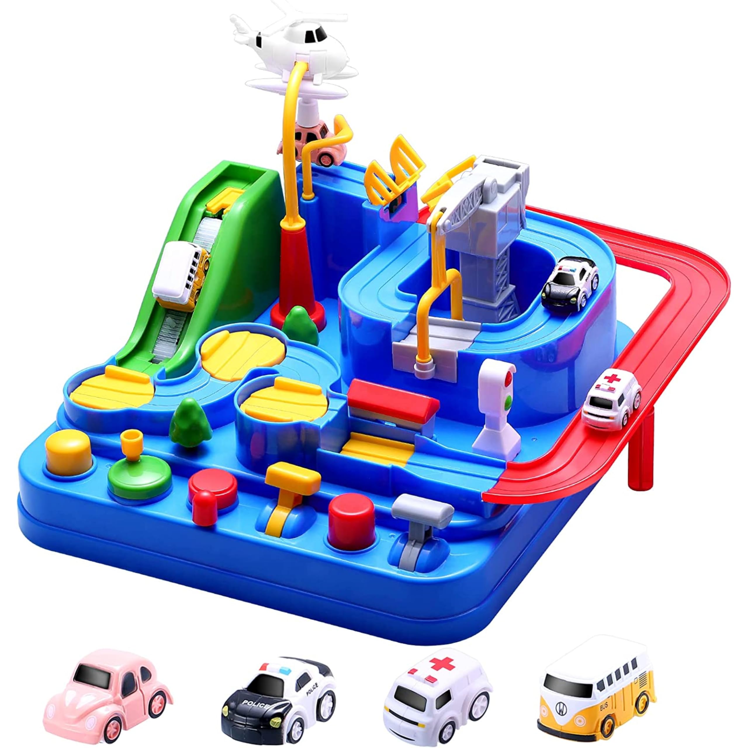 AYEBIA Preschool Educational Car Toys Gifts Puzzle Car Race Tracks, Race Track Toys for Boy Car Adventure Toy for 3 4 5 6 7 8 Years Old Kids (Blue Helicopter Car)
