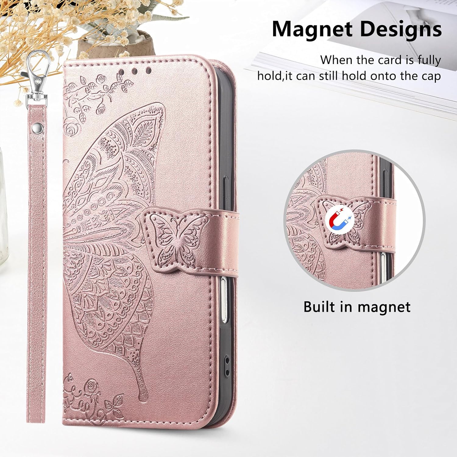 HAOTP for iPhone Air Phone Case Wallet,Women Flip Folio Cover with Credit Card Holders Emboss Butterfly Flower PU Leather Purse Wrist Strap Kickstand Case for Woman Man Rose Gold - Image 4