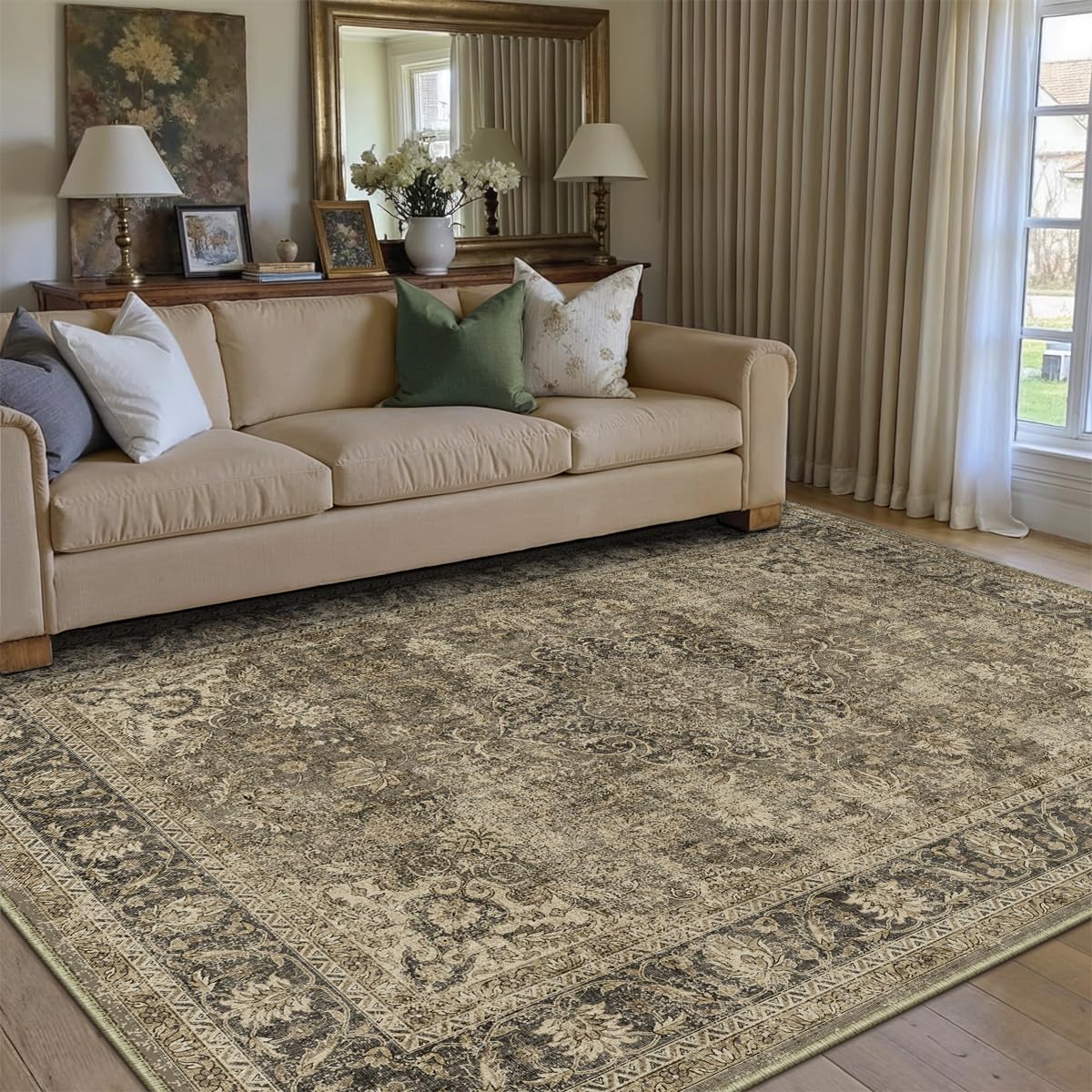 wondrg 6x9 washable brown area rug vintage living room bedroom carpet non-slip soft low pile distressed indoor throw rug for dining room entryway office