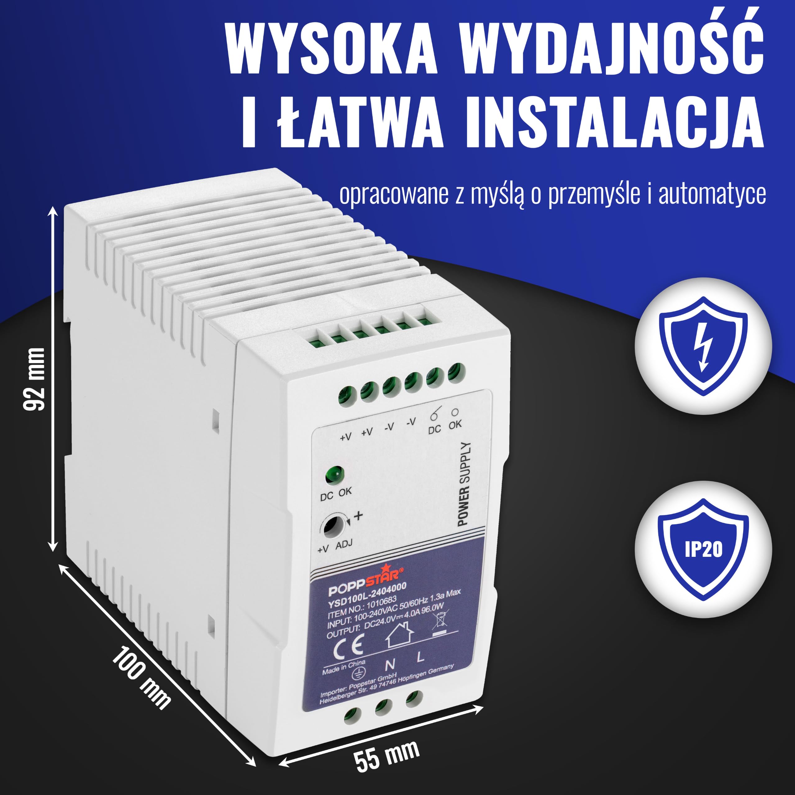 Poppstar superpłaski zasilacz na szynę montażową 24V DC 4 A 96 W, zasilacz DIN-Rail (96 W z PFC) transformator do szyn montażowych 55x100x92mm