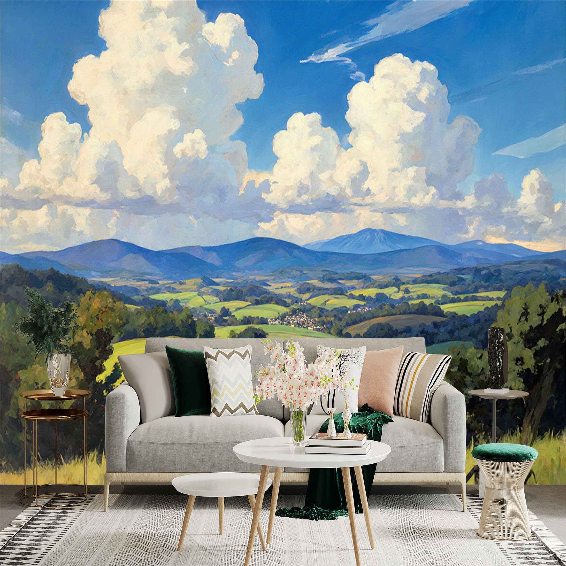 Lnzczhyre Xc260505336 Custom Size Wall Sticker Mural， Scenic Countryside Landscape With Fluffy Clouds And Rolling Green Hills， For Wall Decoration， Peelandstick Wall Decals.
