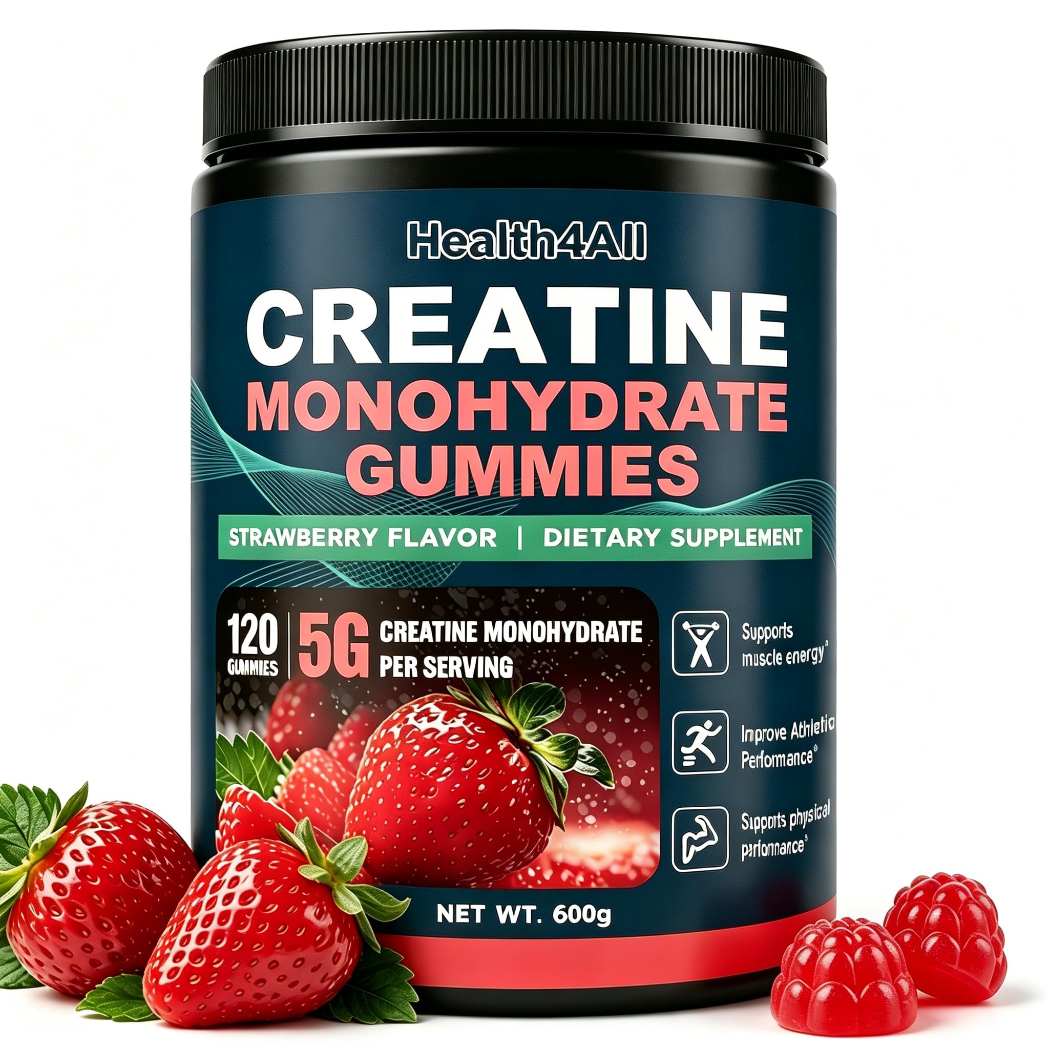 Health4All Creatine Monohydrate Gummies 5g for Men & Women, Creatine Gummy for Strength Energy & Muscle Growth Support Pre-Workout Supplement - Strawberry 120 Gummy