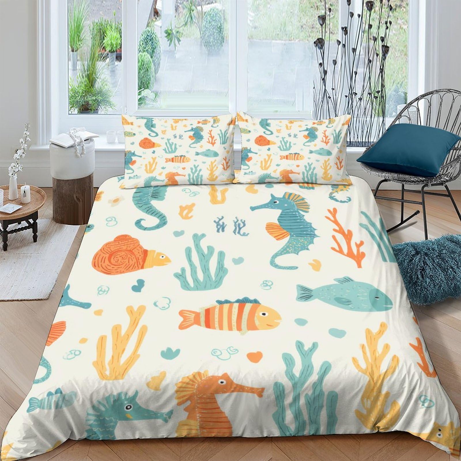 Ctjqhvkz Style-2 3D Printed Ocean Seahorse Fitted Sheet Microfiber Soft Breathable Coral Fish Mattress Cover Bedroom Decor Protection Single（135X200cm）