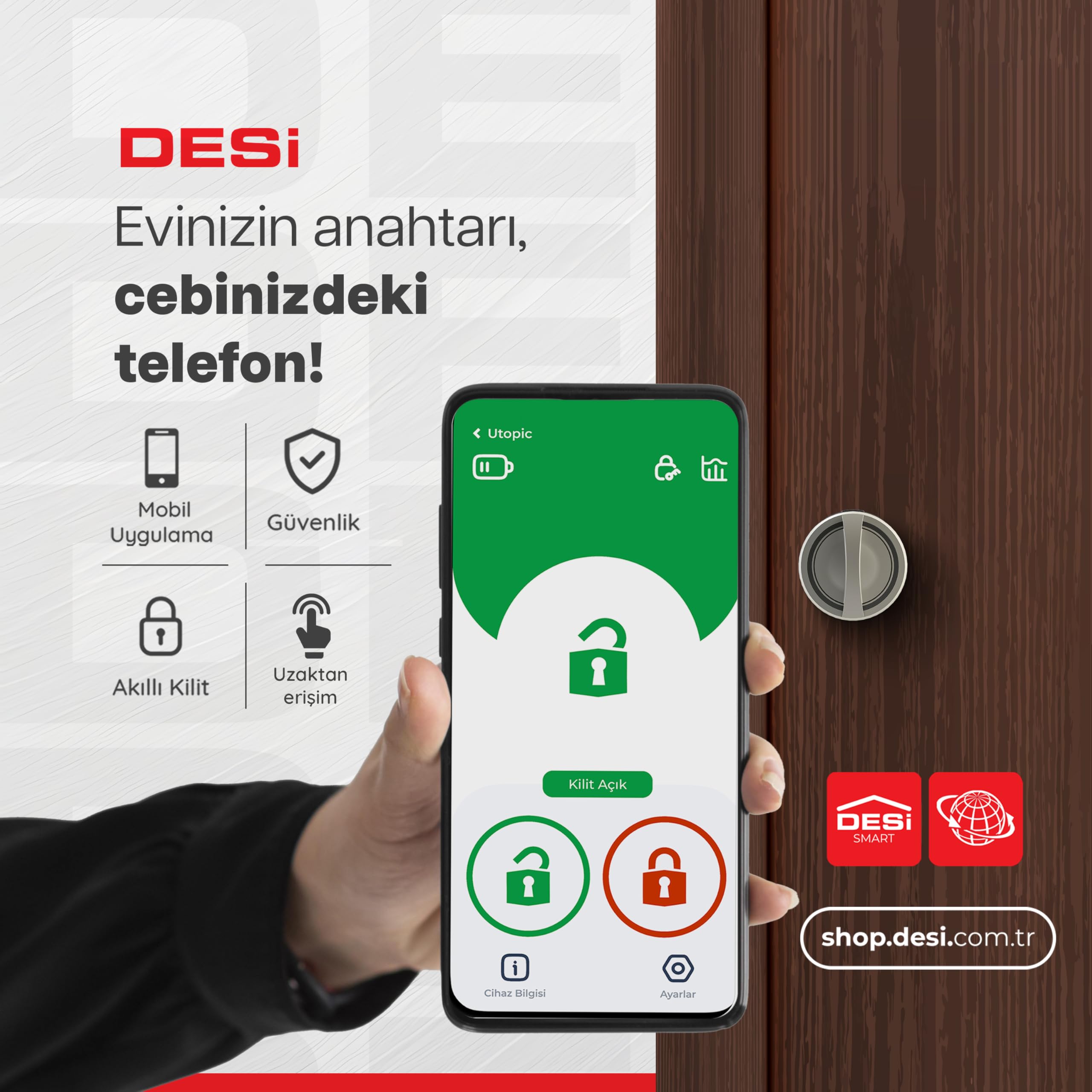 Desi Utopic R Motorlu Silindir Akıllı Kilit, Telefondan Kontrol ve Şarj Edilebilir Pilli Akıllı Kapı Kilidi - Kolay Montaj, Deliksiz Montaj