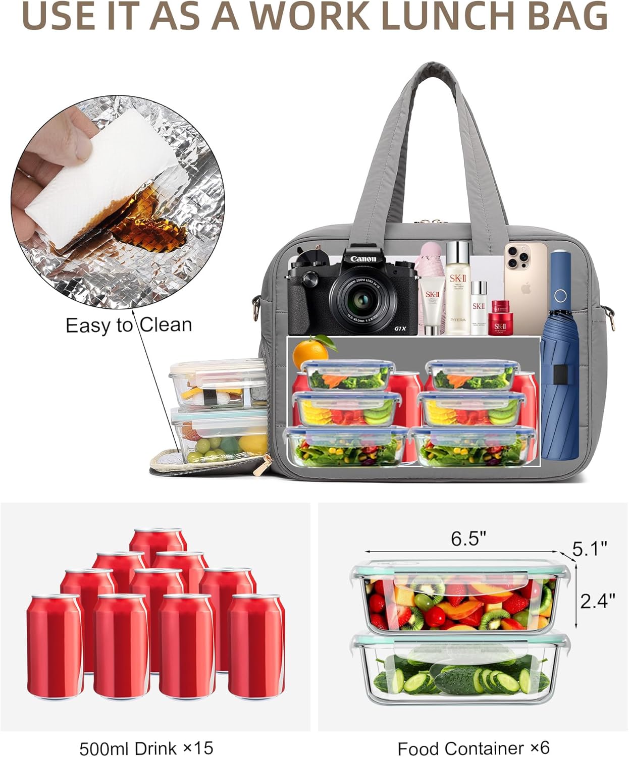 Lunch Tote Bag for Women Work, 17.3 Inch Laptop Purse with Insulated Lunch Compartment Coin Wallet for Meal, Large Puffy Quilted Travel Duffle Bag - Image 4