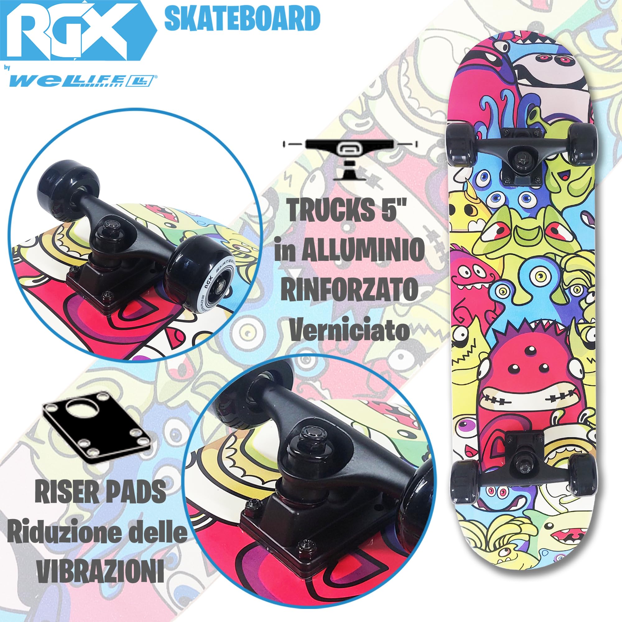 WeLLIFE Skateboard Completo per Principianti - Serie RGX in Legno 80x20 cm, 9 Strati d’Acero Concavo Double Kick, Cuscinetti Abec-7, Disegno su Grip Tape - Adatto a Bambini, Giovani e Adulti