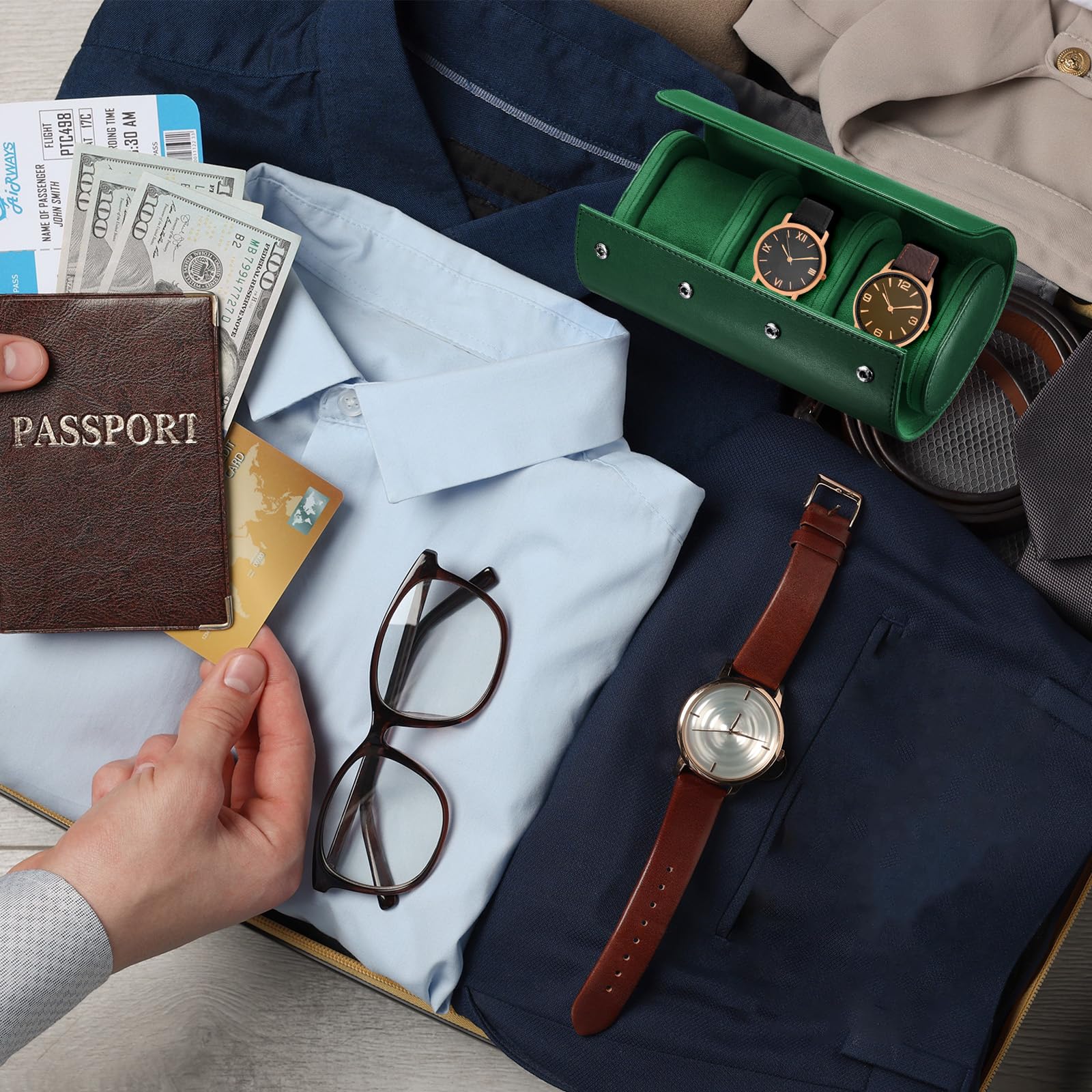 QUARKZMAN Custodia Viaggio Pelle Orologi Singolo Watch Roll Verde