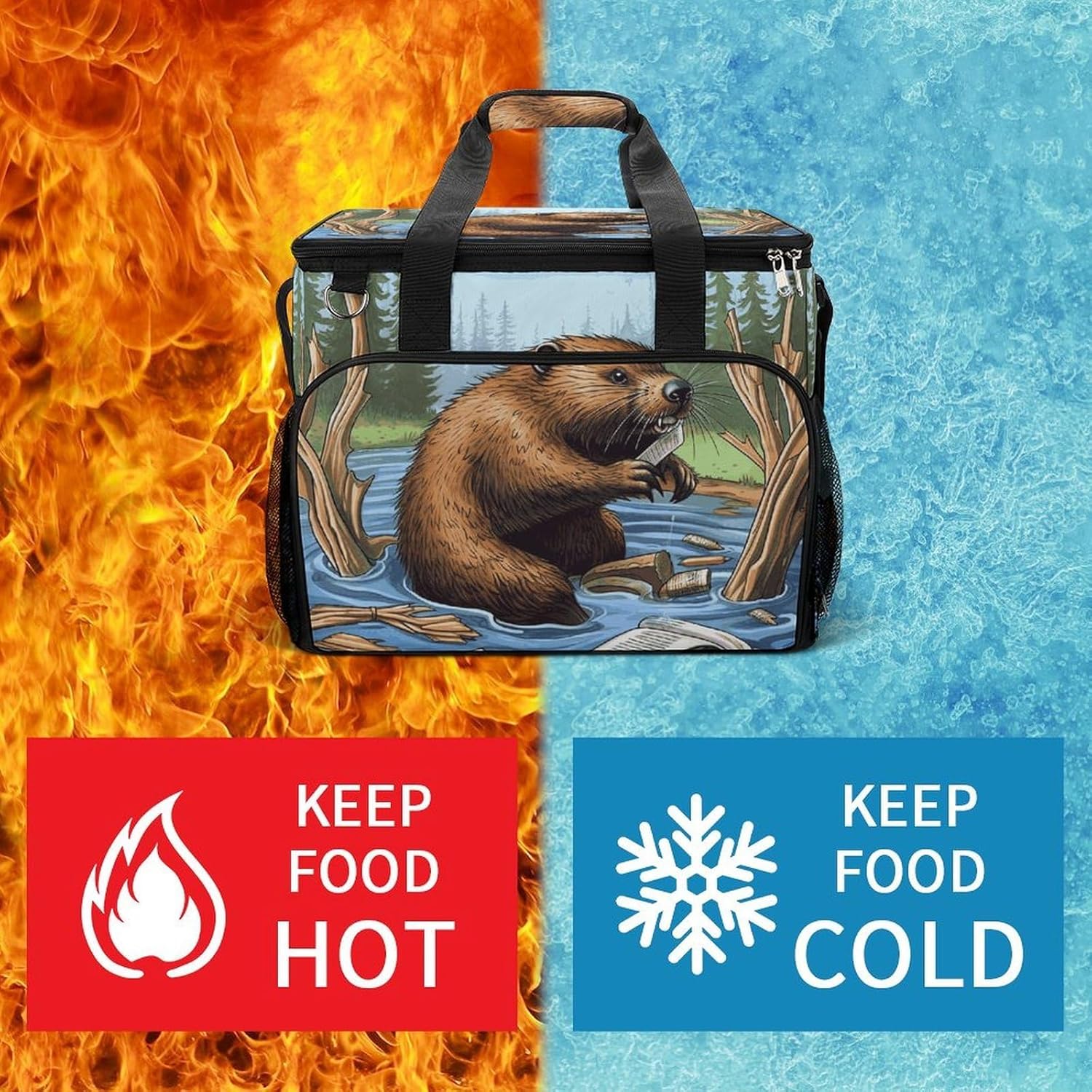 Insulated Picnic Backpack Tote Bag, Large Capacity 30L Busy Beaver Cartoon Cooler Bag Leakproof Beach Bags Portable Lunch Box Waterproof Picnic Basket for Beach Camping BBQ