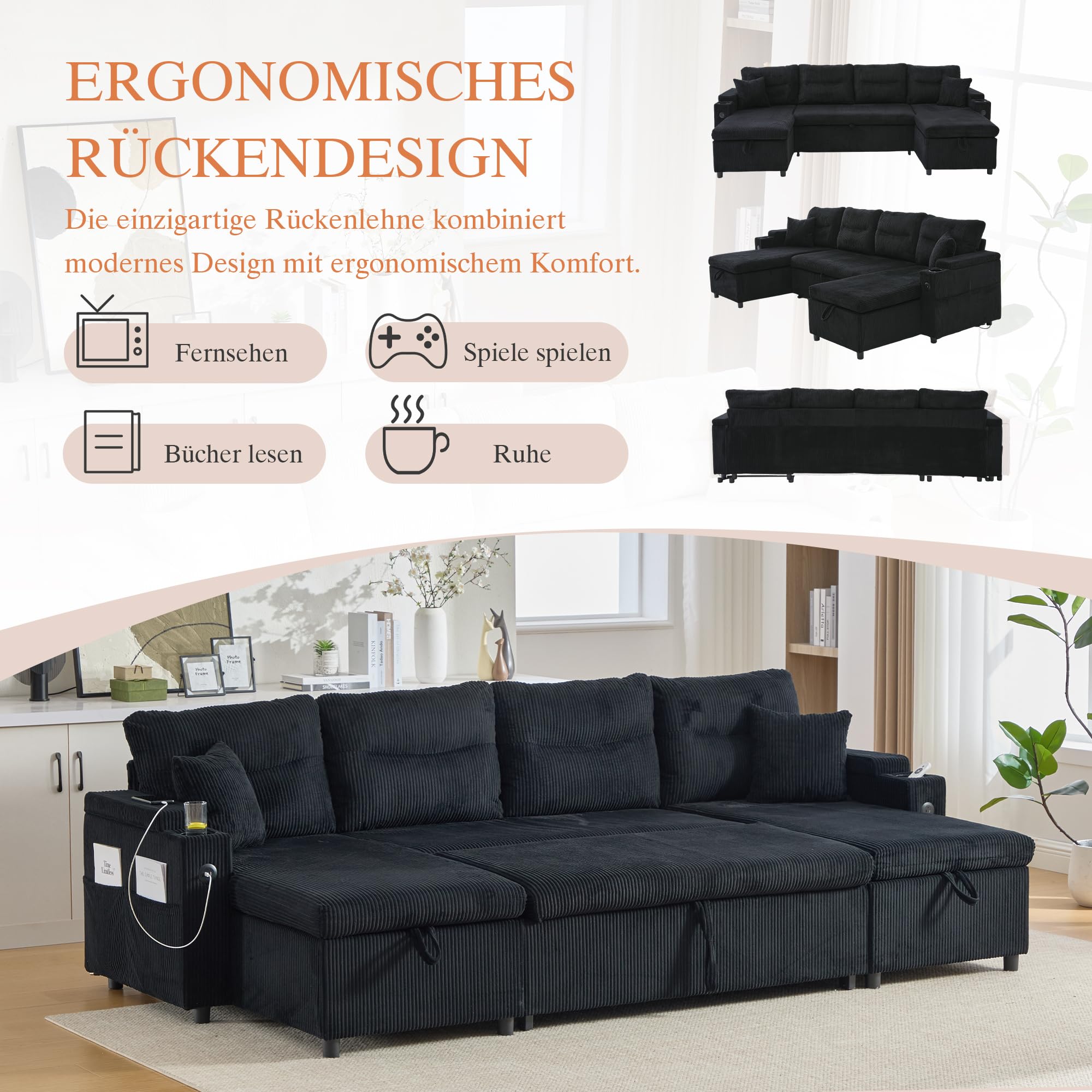 Canapé Convertible, Canapé lit modulable en U avec lit gigogne et méridienne de Rangement, canapé d'angle Convertible 2 à 4 Places avec 2 Porte-gobelets et Ports USB pour Salon