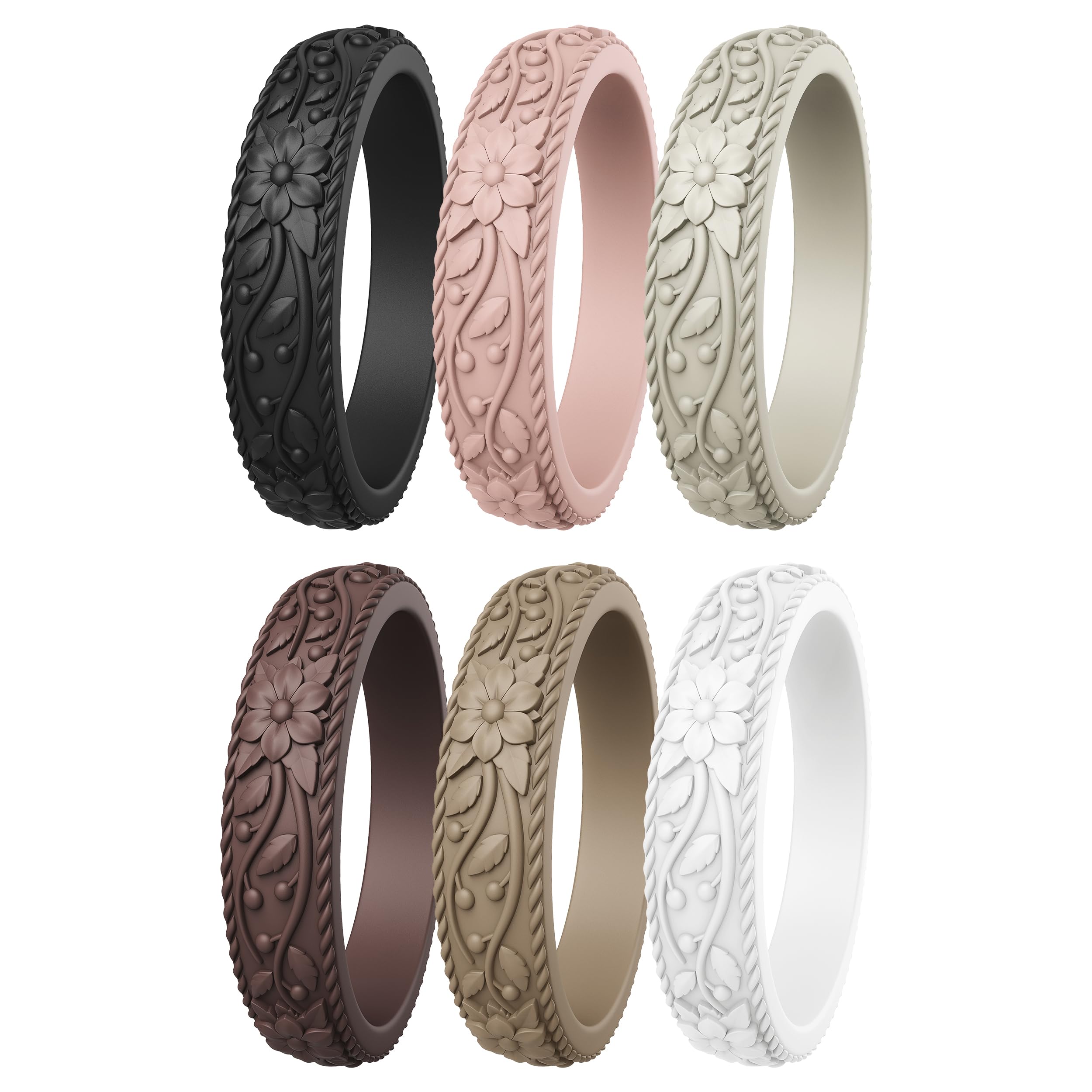ThunderFit Silicone Rings for Women, Rubber Engagement Wedding Bands Vine Design 5.5mm Wide 2mm Thick - Variety Multipack 4-12