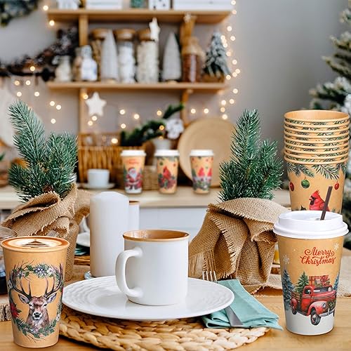 Miniatura 5 de Uiifan Paquete de 50 tazas de café vintage de Navidad con tapas, pajitas de papel de 16 onzas, desechables a granel, juego de tazas de cacao