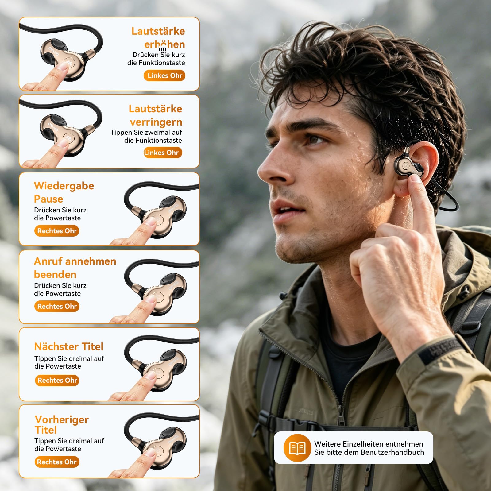 OHAYO Open Ear Kopfhörer Bluetooth, Kopfhörer Joggen, Bluetooth 6.0, Wasserdicht nach IPX7, 10h Laufzeit, Wiegt 19 g, Ideal für Sport – Laufen, Radfahren, Autofahren, Wandern und Bergsteigen