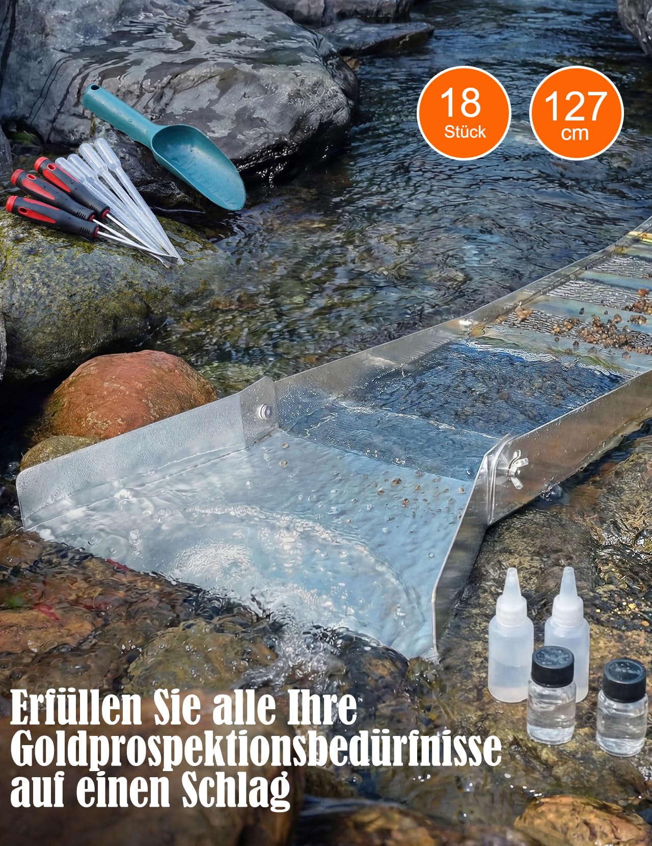 Goldwaschrinne, 127 cm, faltbar, Aluminium, 18-teiliges Set