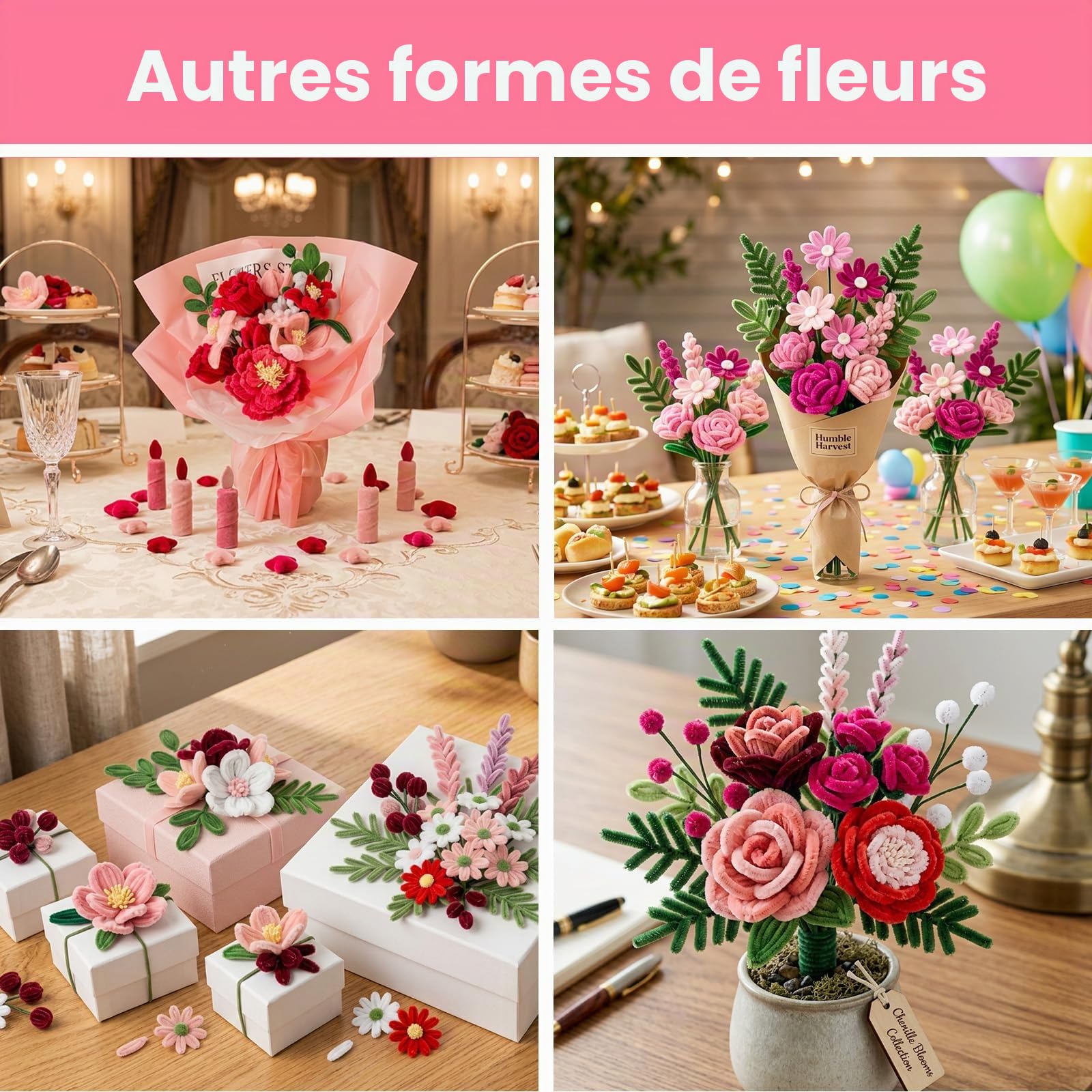 500 Pcs Fil Chenille, Fil Chenille Fleur Kit Complet Fleurs 8 Couleurs, Cure Pipe en Coffret avec Accessoires, Pipe Cleaners Flower kit pour Loisirs Creatifs 30cm Long