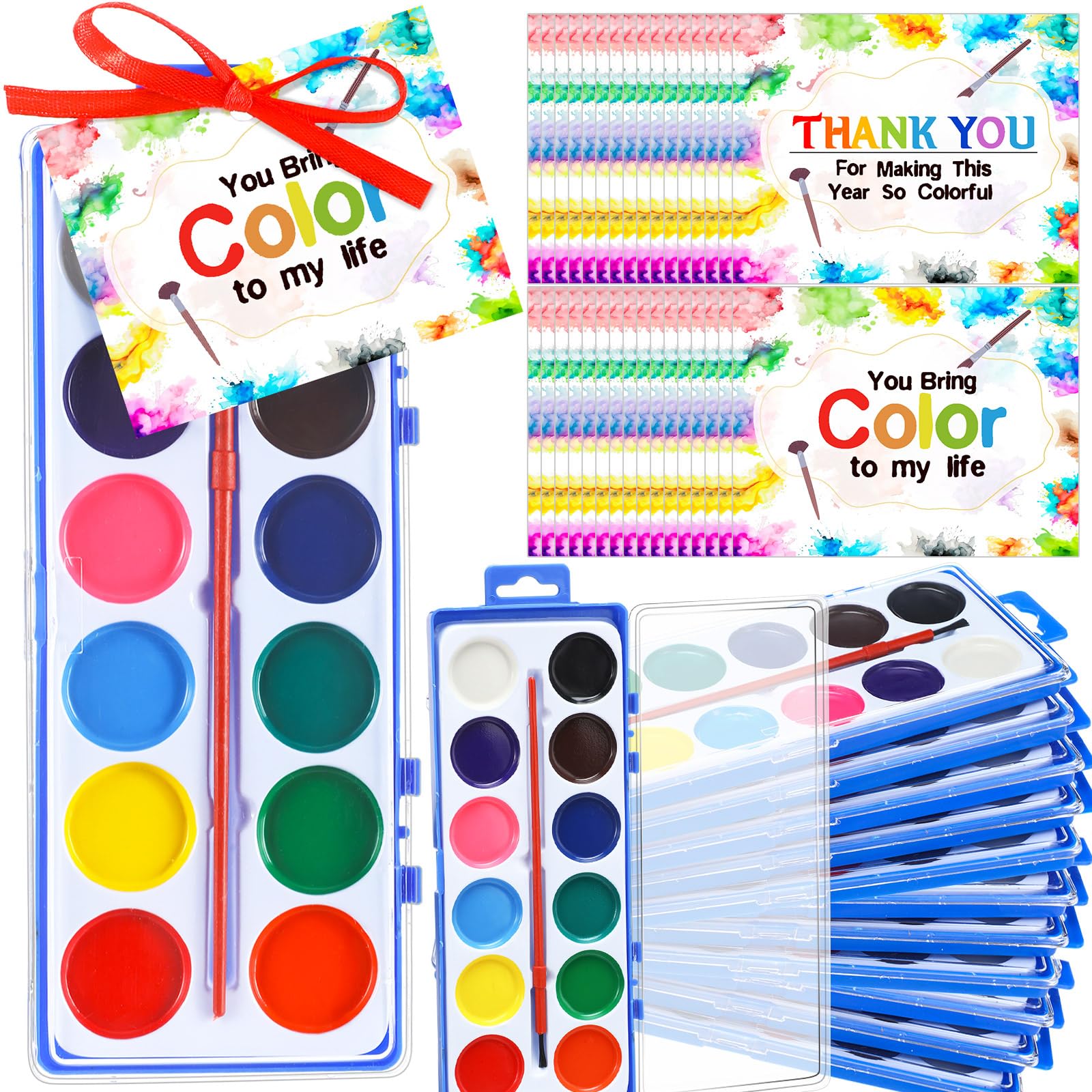 25 Set End of The Year Student Gifts Bulk Watercolor Paint Set for Kids 25 Washable Watercolors Paints with Paint Brush with 50 Card for Graduation