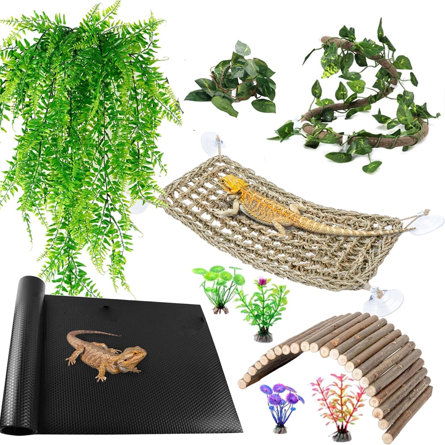 Bearded Dragon Tank Accessories, Reptile Mat Hammock Plants Bridge Jungle Climber Vines Terrarium Decorations for Leopard Gecko Hermit Crab Lizard Snake (10 PCS with Reptile Mat)