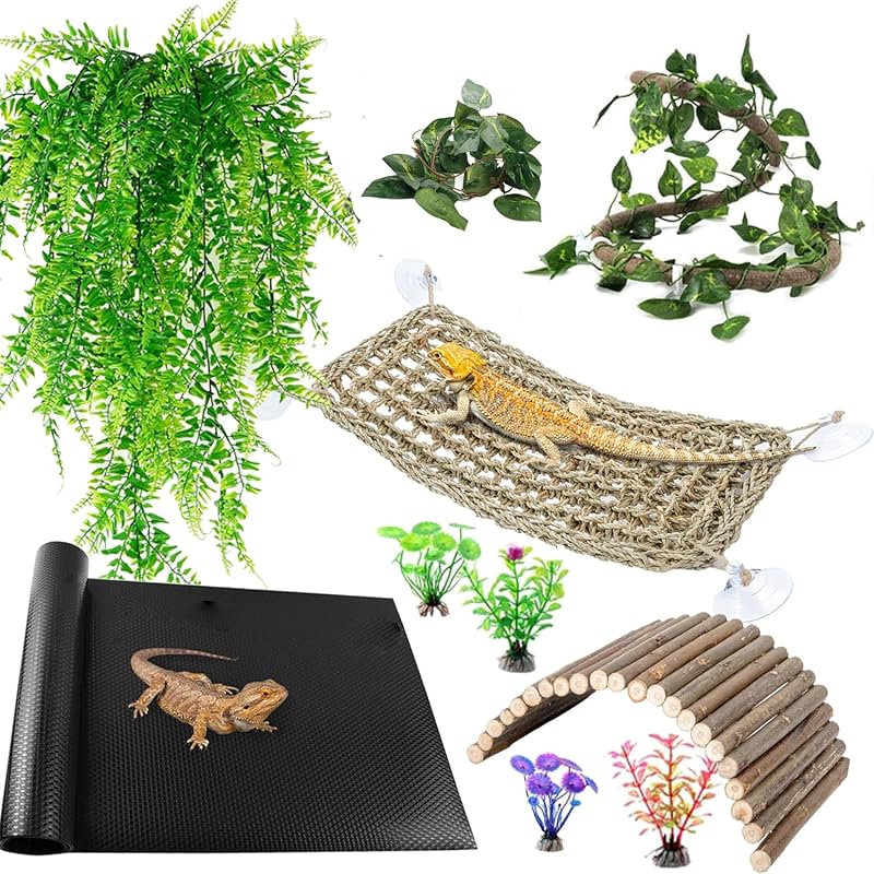 Decoração para Terrário de Répteis com Plantas Artificiais, Ponte, Rede, Videiras e Tapete CK-11 TankMatDecor, Pacote com 10 Peças