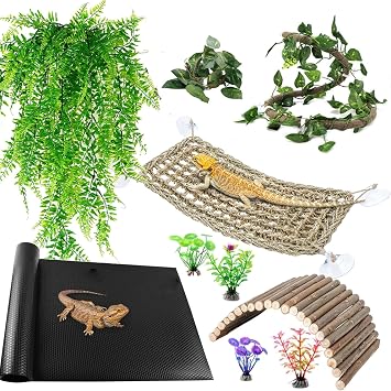 Bearded Dragon Tank Accessories, Reptile Mat Hammock Plants Bridge Jungle Climber Vines Terrarium Decorations for Leopard Gecko Hermit Crab Lizard Snake 10 PCS with Reptile Mat