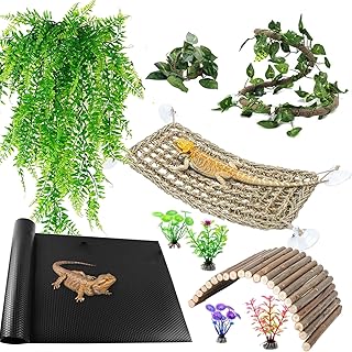 TankMatDecor Bearded Dragon Tank Accessories, Reptile Mat Hammock Plants Bridge Jungle Climber Vines Terrarium Decorations for Leopard Gecko Hermit Crab Lizard Snake (10 PCS with Reptile Mat)