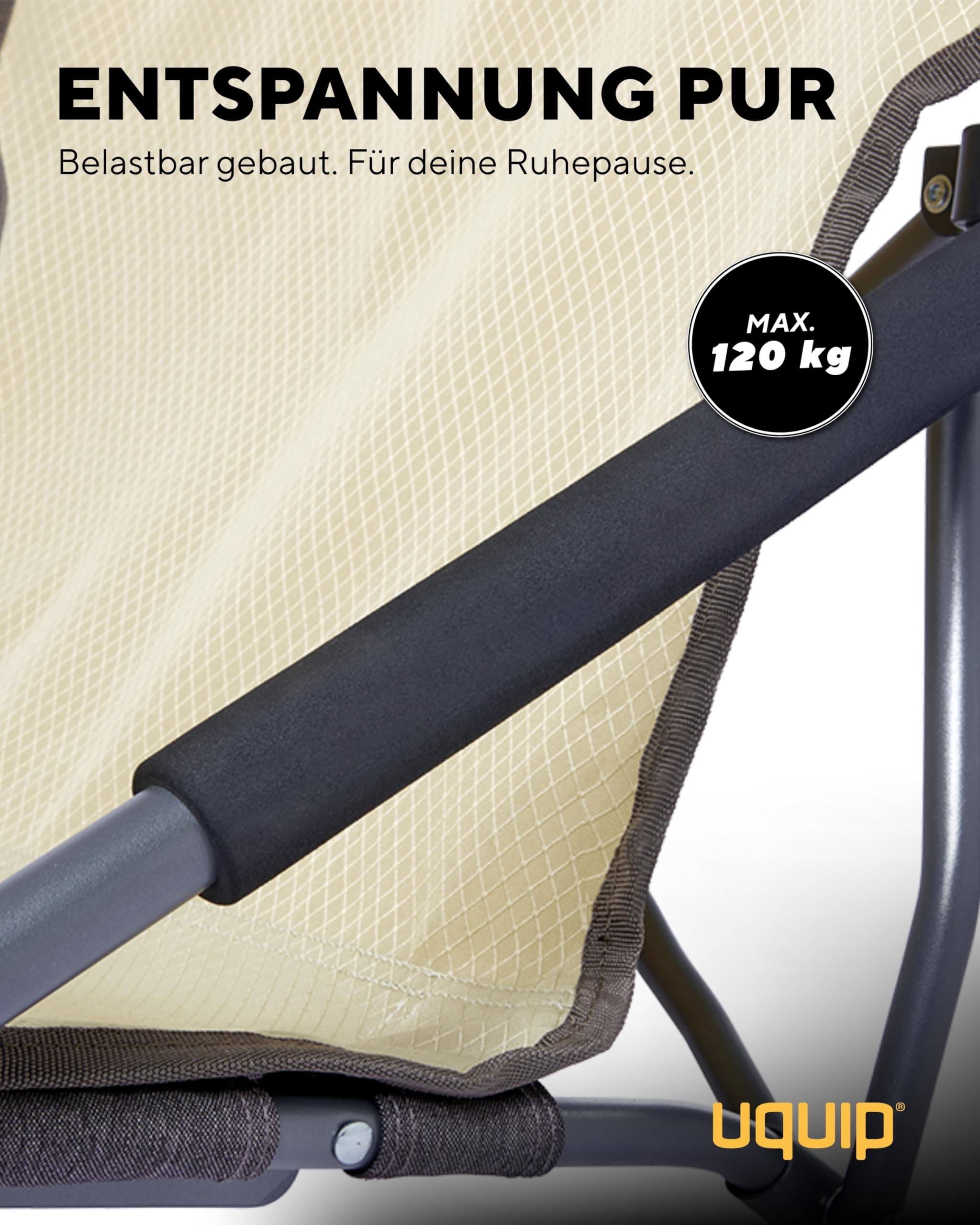 Uquip Campingstuhl Sandy XL boulder I faltbarer Strandstuhl mit 120 kg Traglast I kompakter Faltstuhl aus Stahl & Polyester I klappbarer Outdoor-Stuhl für Camping, Strand, Angeln, Garten & Festivals