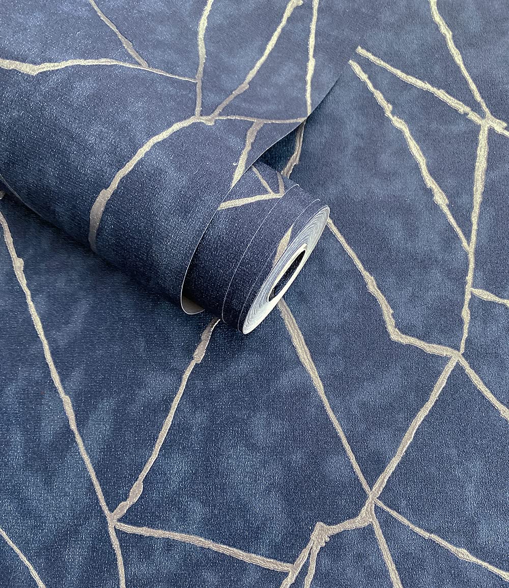 Modern Navy Blue & Silver Geometric Wallpaper, Stylish Angles Wall Paper Vinyl Waterproof, 20.86"×393.00" per Roll, 2 Rolls