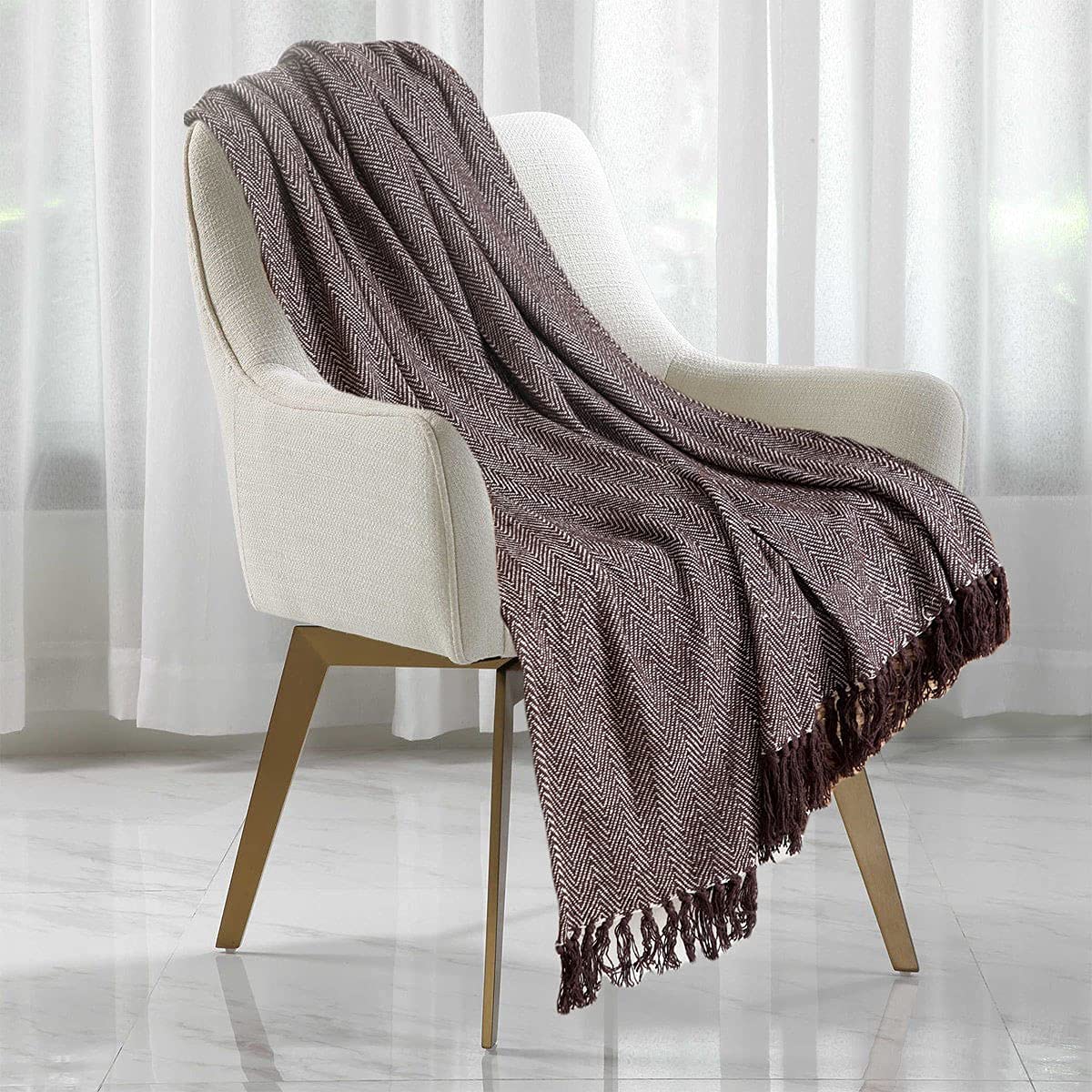 Herringbone Throw for Sofa and Bed, Large 3 Seater Sofa Cover, Single and Double King Size Bed Blanket, Chocolate brown Throw Super King (254cms x 394cms)