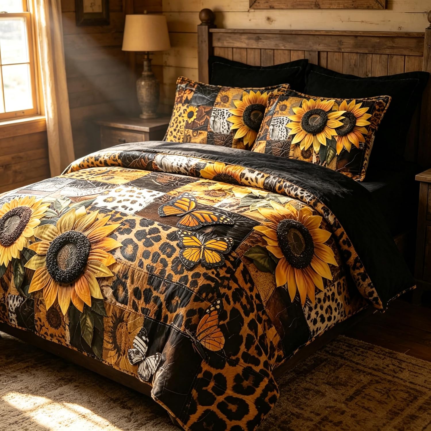 CCoutueChen King Size Sunflowers Leopard Comforter Set Patchwork Leopard Print Bedding Set Animal Skin Down Comforter Decor Quilt Set for Adult Women Girls 3Pcs Soft Lightweight Bed Set
