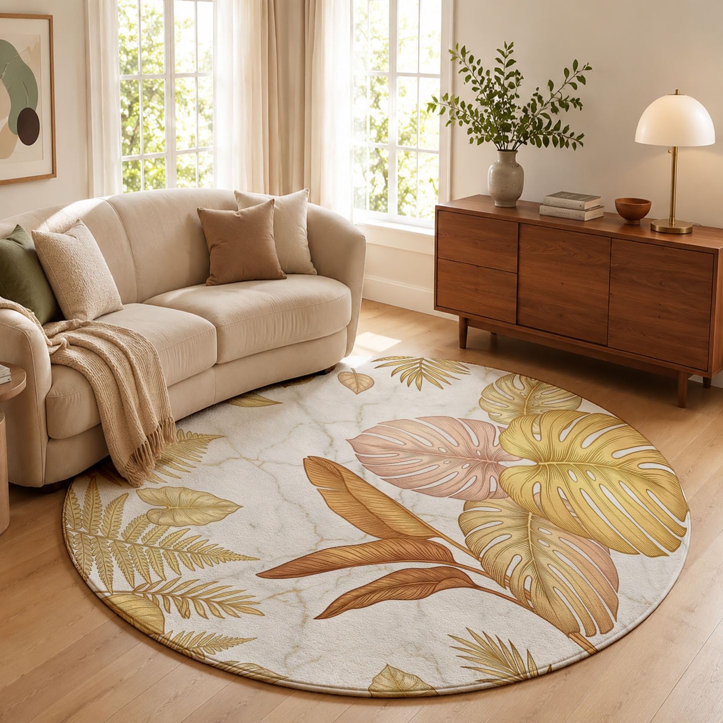 Tappeto Salotto Rotondo Grande Pelo Corto, Monstera Deliciosa Foglie Banano Grandi Antiscivolo Tondo Moquette, Soggiorno Bambini Camera,Cucina,Bagno,Domestica Decor Tappeti (Ø 100 cm,Oro)