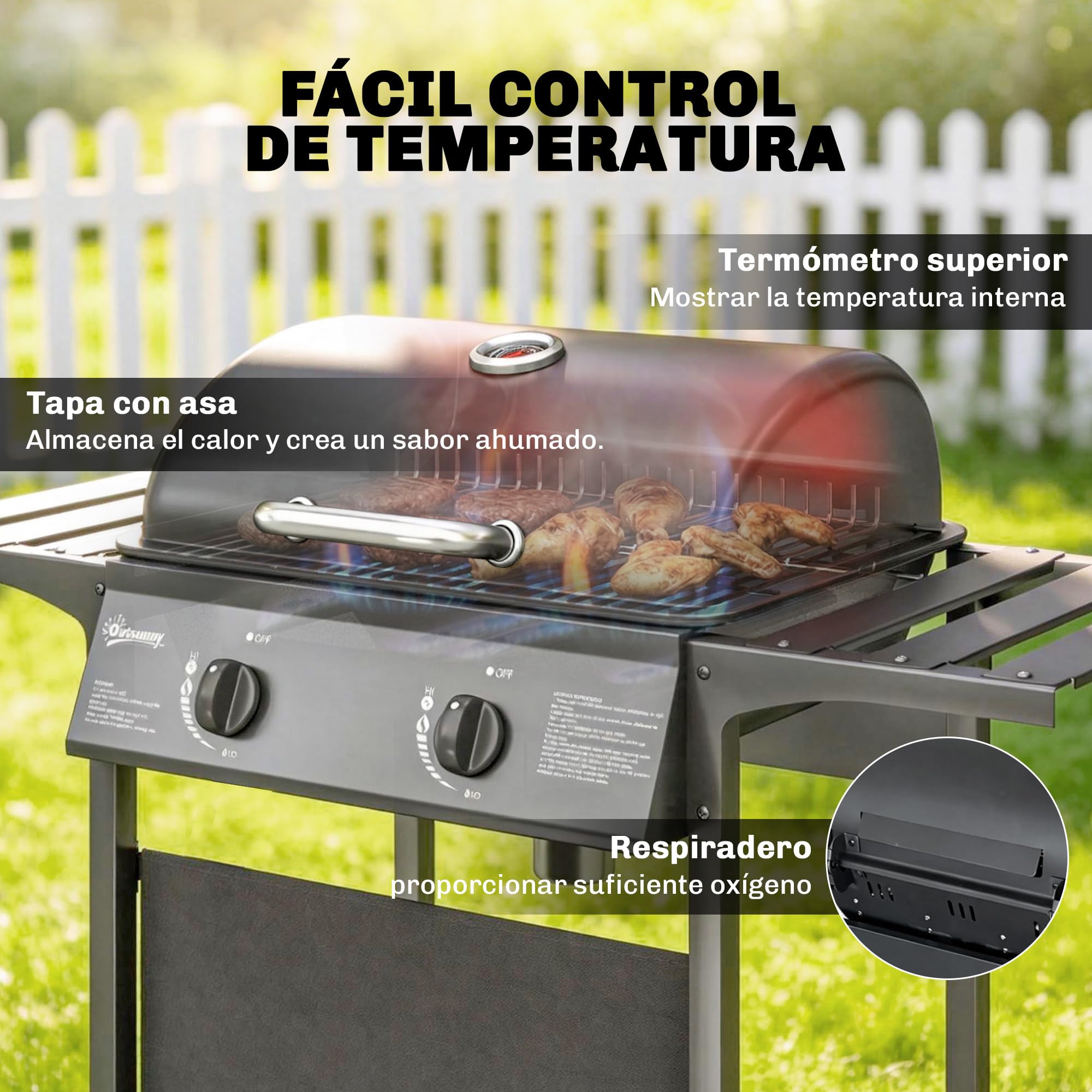 Outsunny Barbacoa de Gas BBQ Gas con 2 Quemadores 5 kW, Barbacoa Portátil con Termómetro, Mesas Laterales, Estante, Rejilla Calentadora, Encendido Piezoeléctrico, Bandeja de Grasa y 2 Ruedas, Negro