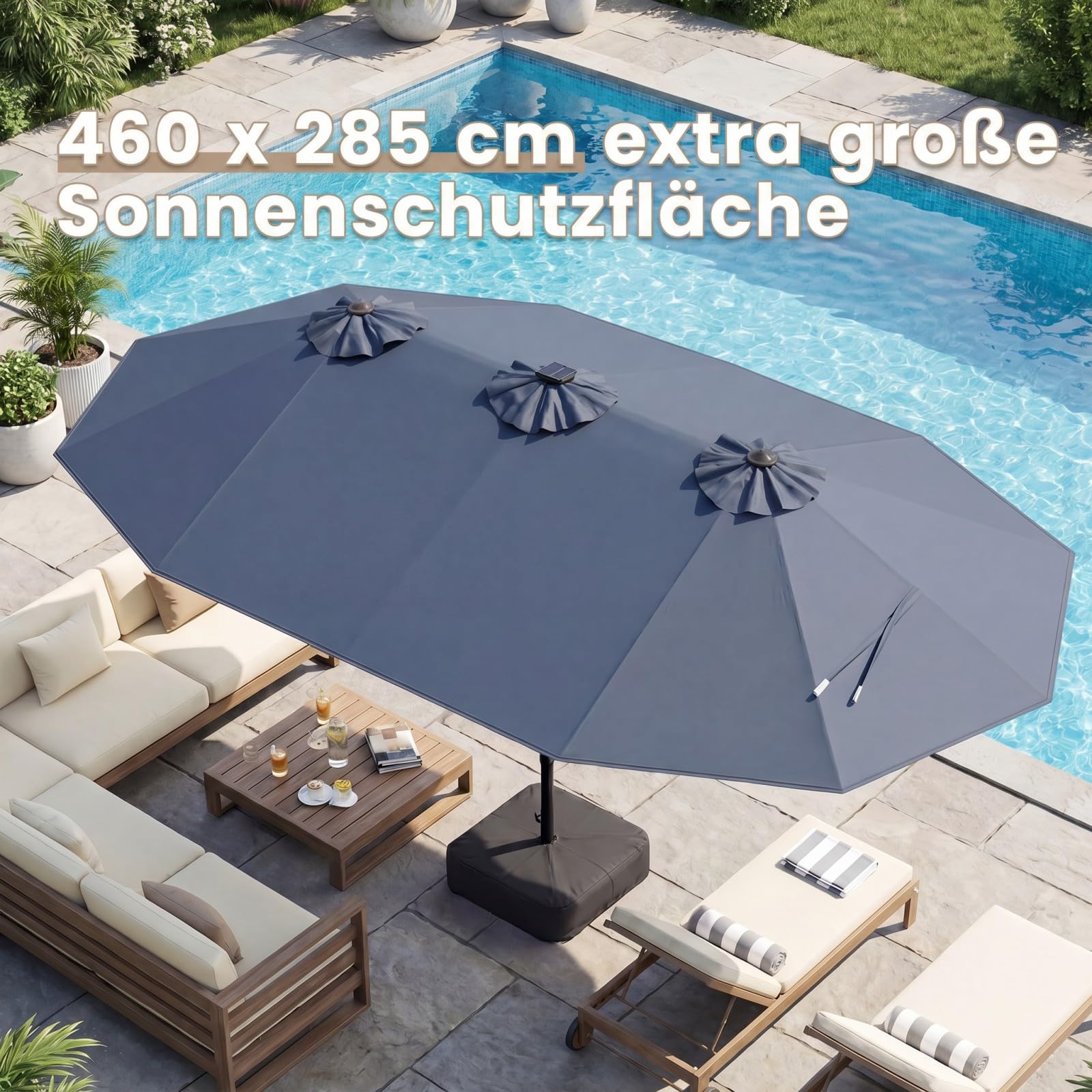 COSTWAY Doppelsonnenschirm mit Ständer und LED-Solar-Beleuchtung, 450 x 260 cm, Sonnenschirm Groß XXL, UPF 50+, Gartenschirm mit Kurbel, Terrassenschirm, Marktschirm für Garten, Terrasse, Grau