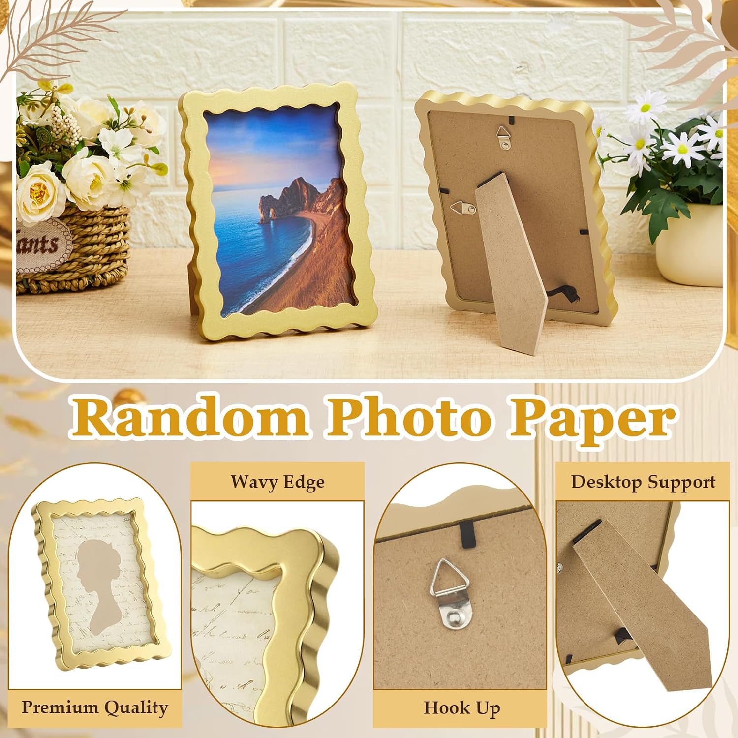 Novabright 4 Set 5 x 7 Wavy Picture Frame with Mat Scalloped Wavy Edge Wooden Photo Frames with Real Glass - Wall Mount and Tabletop Display for Home Decor Wedding Gifts, Golden
