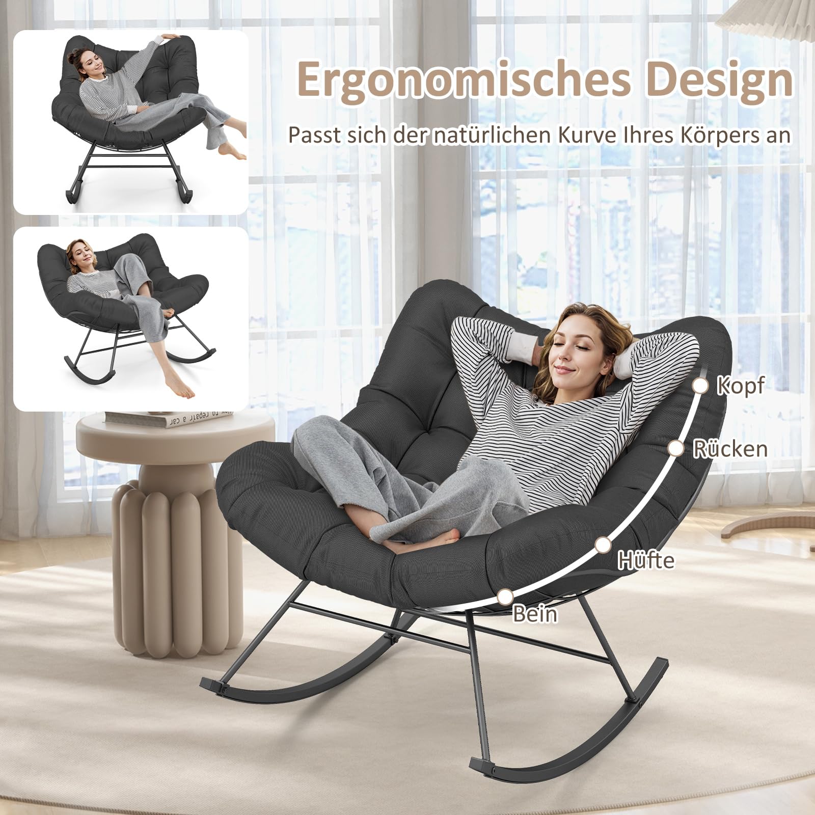 RELAX4LIFE Schaukelstuhl, Schwingsessel mit gepolstertem Kissen & Metallrahmen, Relaxstuhl bis 205 kg belastbar, Schaukelsessel Extra Groß für Garten, Schlafzimmer, Wohnzimmer, 110x95x94 cm (Grau)