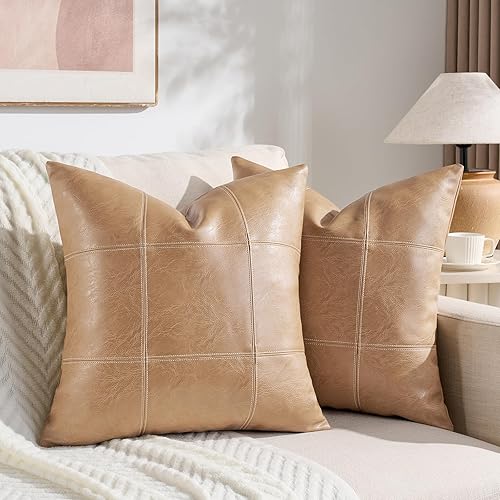 Miniatura 7 de Fancy Homi Paquete de 2 fundas de almohada decorativas de piel sintética a cuadros lumbares de color marrón bohemio de 12 x 20 pulgadas para sala de