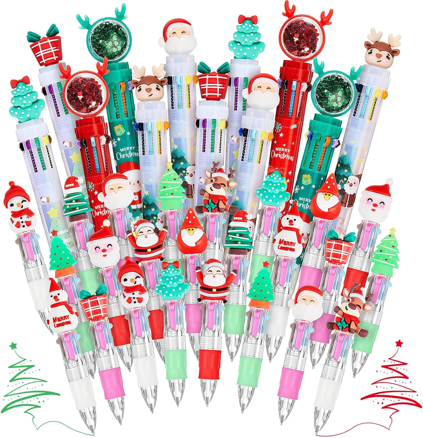 Mooliwe 72 Pcs Christmas Multicolor Pen in One Include 4 In1 and 10 in 1 Colored Cute Pens Retractable Cartoon Ballpoint for Party Favor Birthdays Fun Gifts Prize