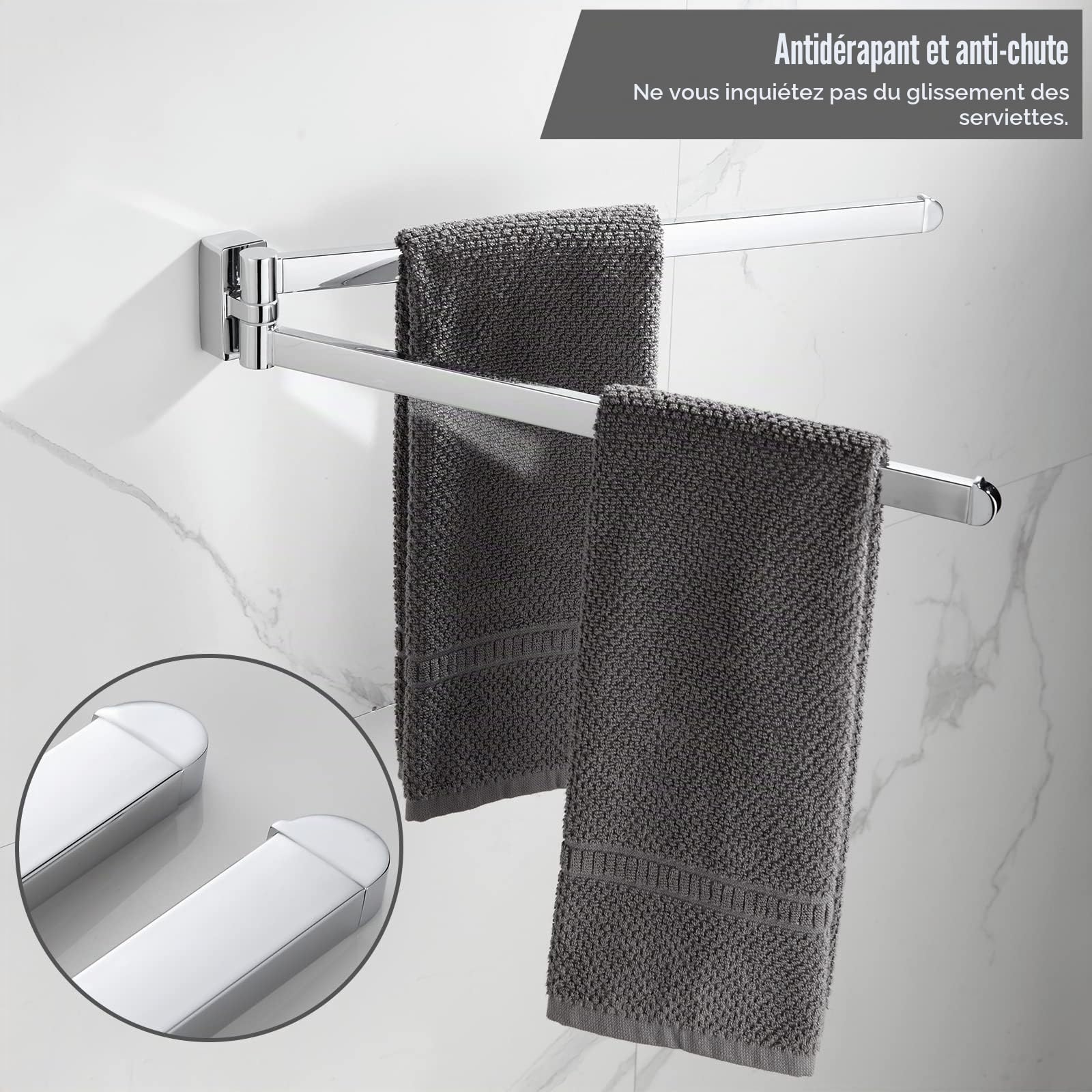 BGL Porte-Serviettes pivotant chromé en Acier Inoxydable avec 2 Barres pivotantes