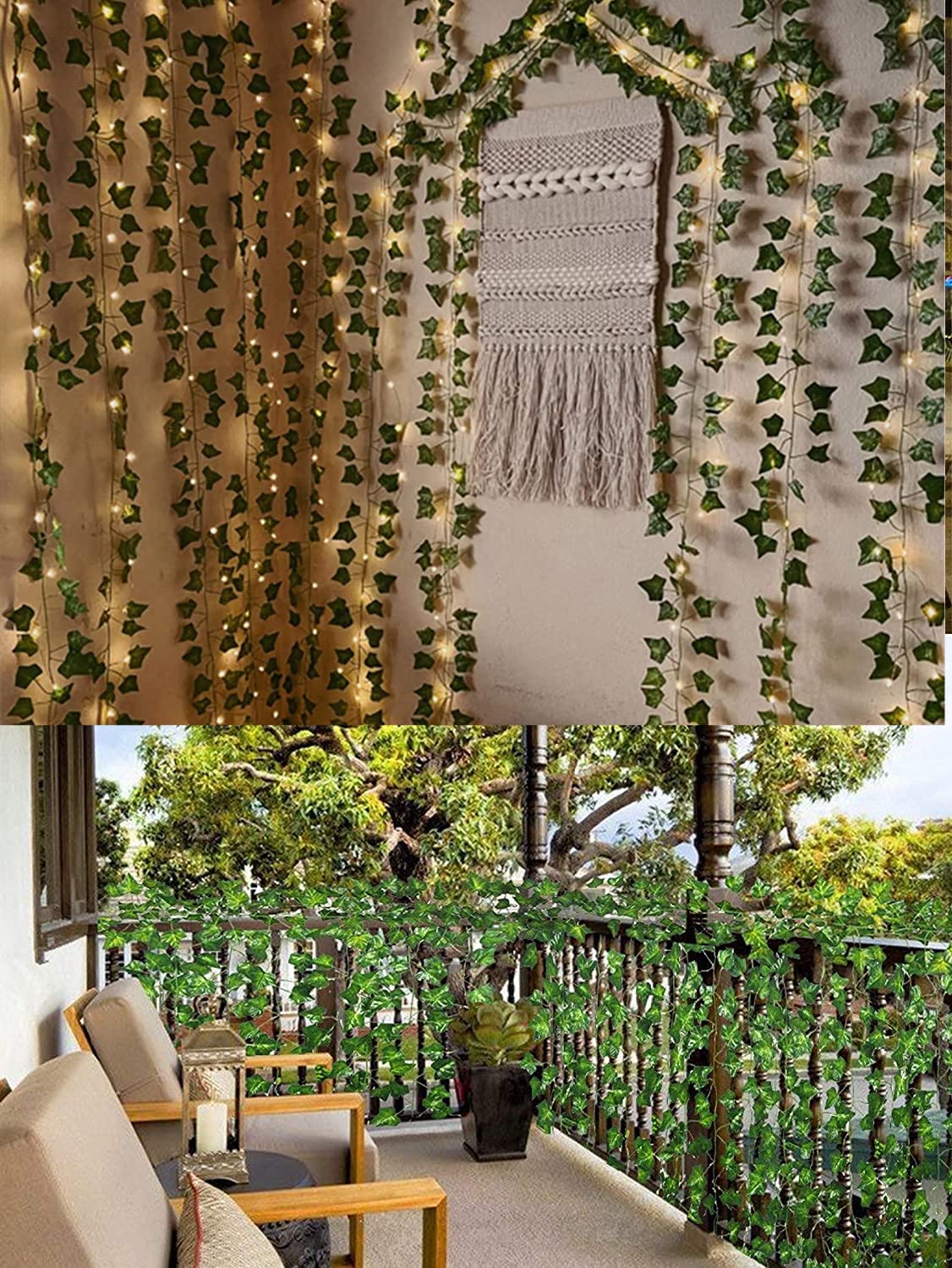 HanYun 25m 12 Stück künstlicher efeu Blätter Girlande Künstlich Gefälschte Pflanzen mit 200 LEDs Lichterkette blätter für Home Garten Hochzeit Weihnachtsdekoration Gefälschte Grün Decor