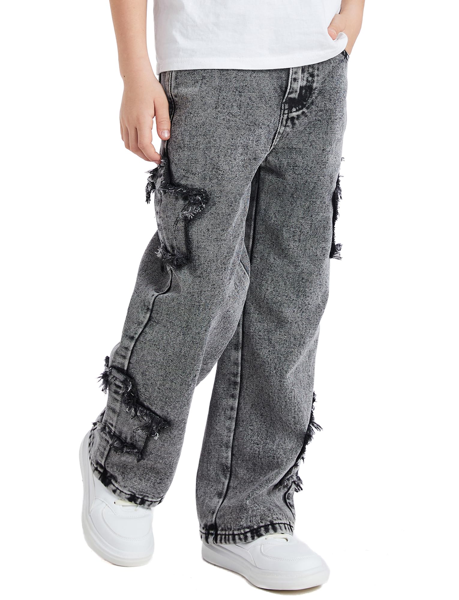 SEAUR Pantalones vaqueros para niño de pierna ancha con cintura elástica Y2K Denim Jean pantalones rectos patrón de estrellas vintage EU 128-152 (8-12 años)