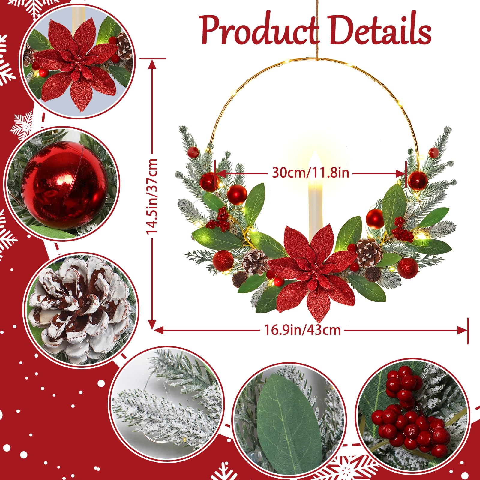 Betylifoy Weihnachtskranz für Haustür, 40,6 cm, roter Weihnachtskranz mit LED-Kerzenlichtern, Weihnachtskränze für Haustür, Fenster, Kamin, Weihnachtsdekoration, Rot, 2 Stück