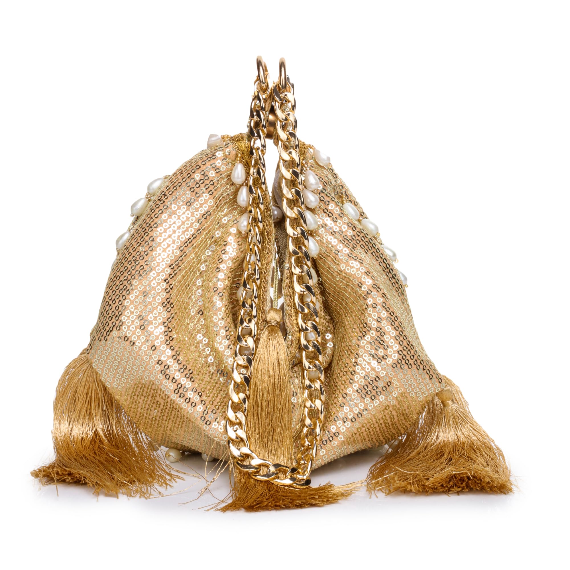 athizay Golden Sequin dual use potli pyramid/samosa shaped Potli which opens and you get a small sling bag for ladies with Golden chain for Weddings, anniversay, birthday etc-picture-21