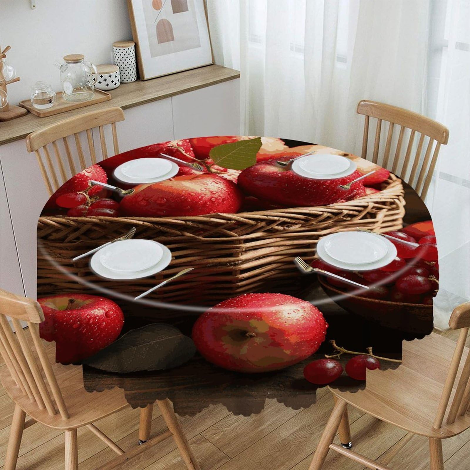 FekiLoot - Red Fruits in a Basket Round Tablecloth Waterproof Spillproof Washable Wrinkle Free Circle Table Cover for Dining Kitchen Wedding Party Machine Washable