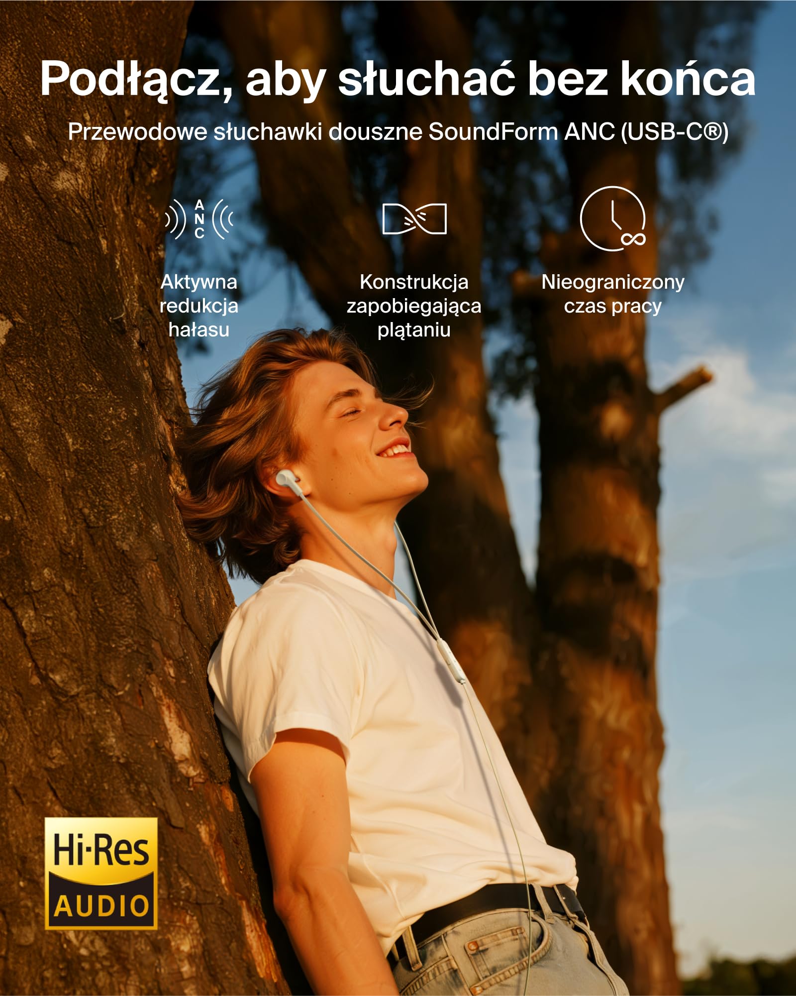 Belkin SoundForm ANC Słuchawki Przewodowe ze Złączem USB-C, Douszne z Mikrofonem – do Urządzeń iPhone 17, iPhone 16, iPad Mini, Galaxy S25, Google Pixel 9, Android i Innych – Białe