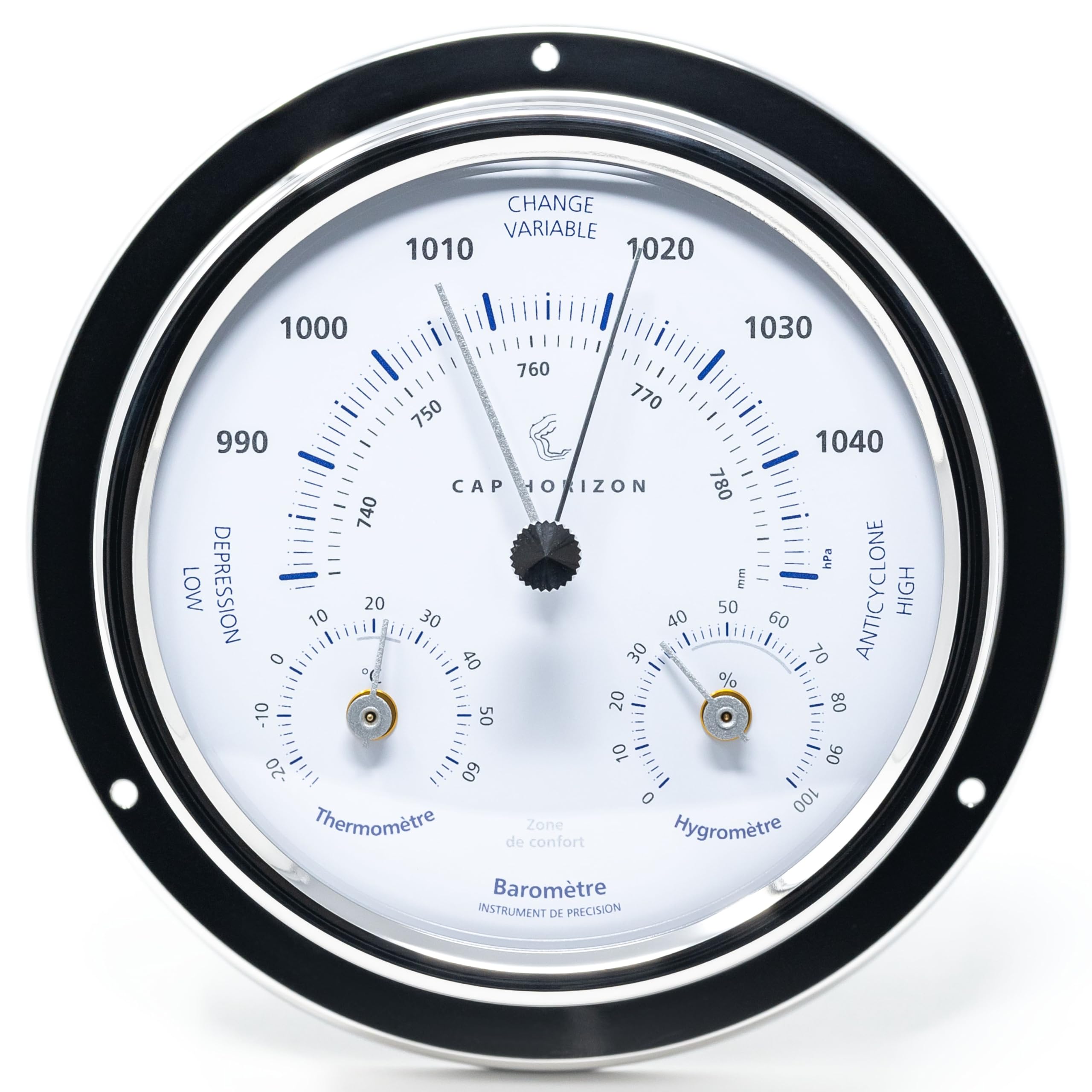 CP100BTH500NX Wetterstation, Glas, Edelstahl poliert | Wetterwarte mit Barometer, Hygrometer, Thermometer, 12,5 cm Durchmesser, Made in Germany