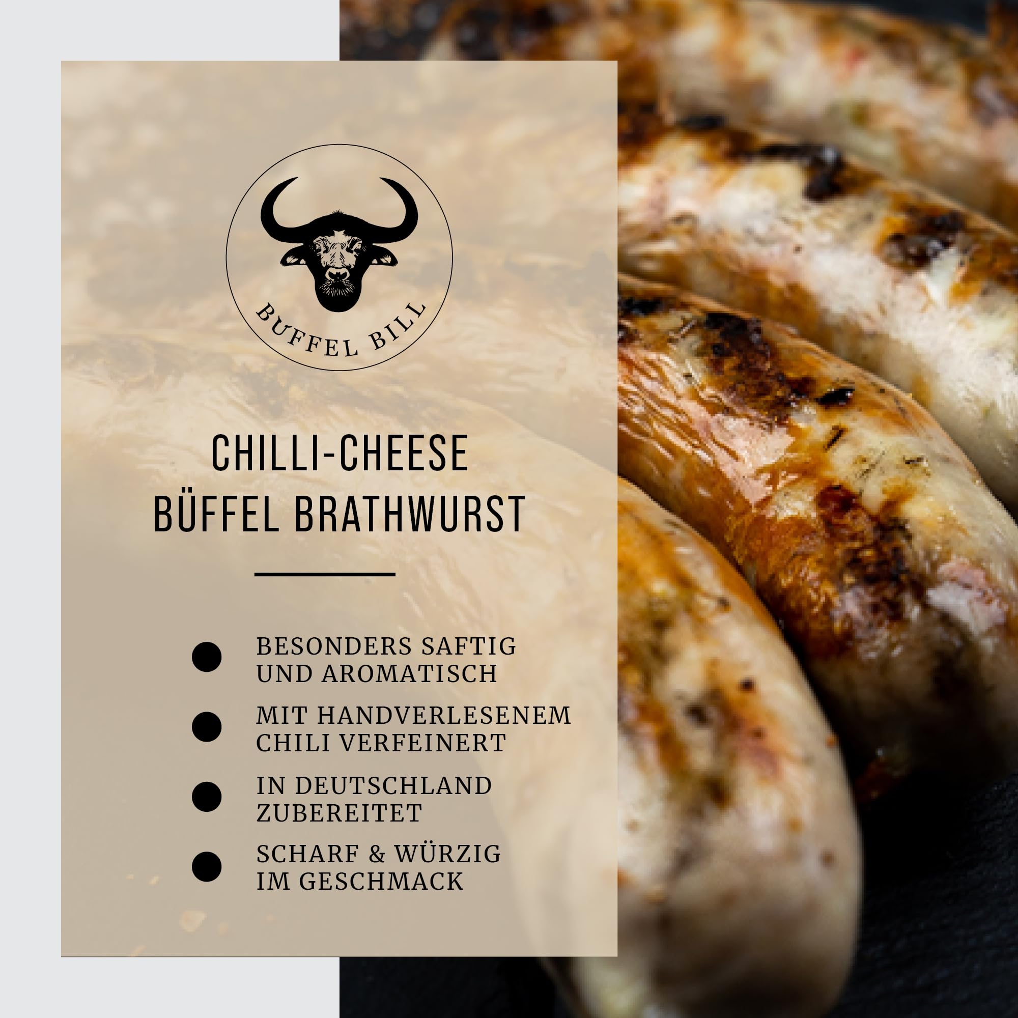 Büffel Bill Chili Cheese Bratwurst I 2x4 Würstchen á 100 g bestehend aus Büffelfleisch & Schweinefleisch I Büffelwurst feurig verfeinert mit roter Chili