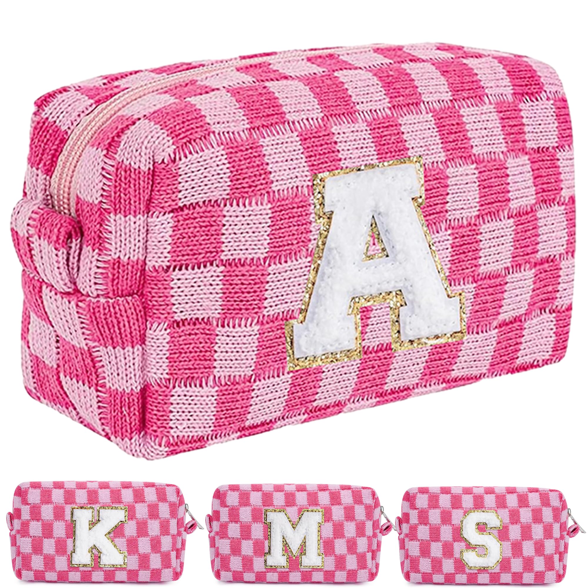 SHOW-YACheckered Makeup Bag - Personalized Makeup Bags,Travel Toiletry Bag Organizer,Cute Makeup bag,Cosmetic Bags for Women,Letter A