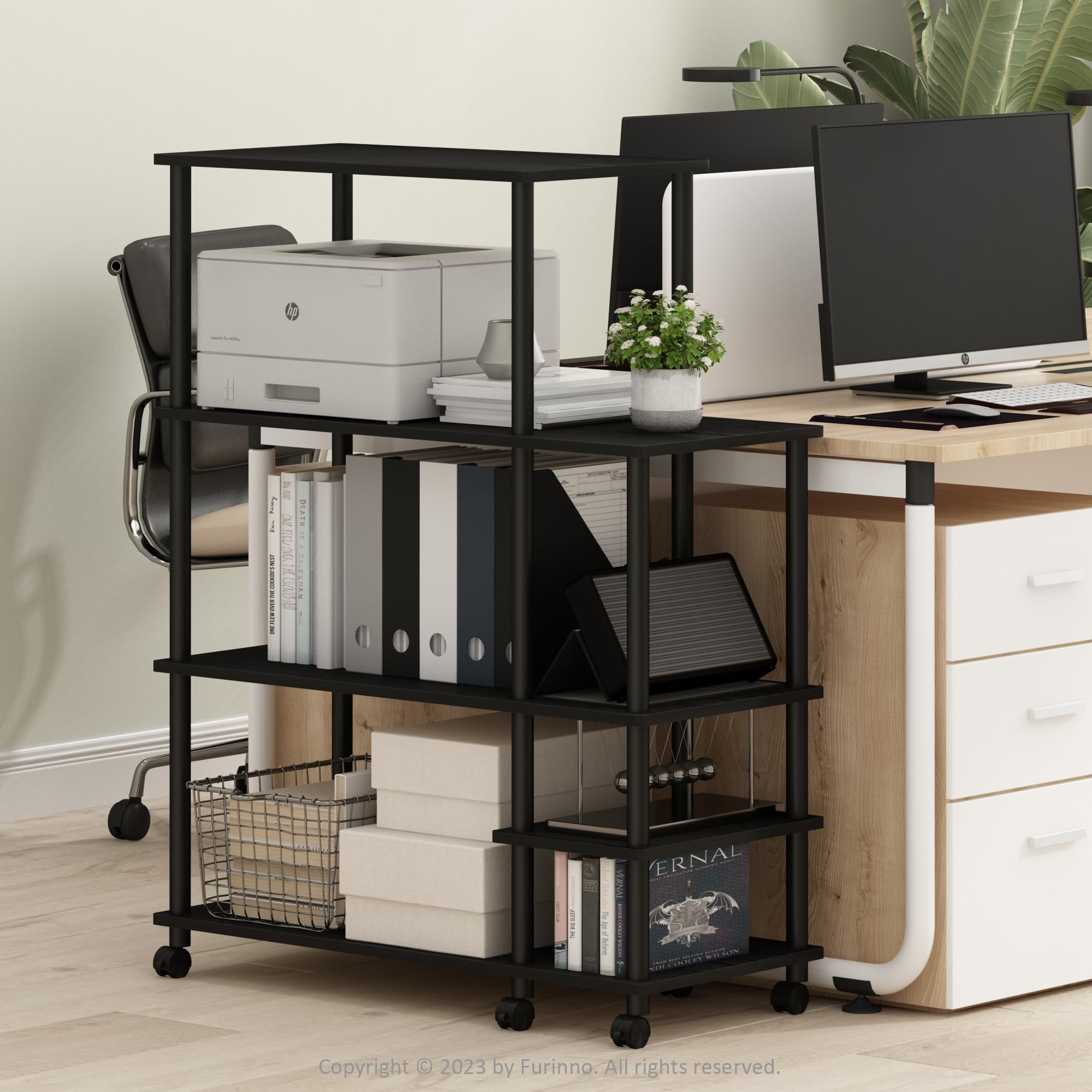 Furinno Turn-N-Tube Printer Stand, Wide 4-Tier Printer Table with with Storage Shelf and Casters, Open Frame Standing Shelf, for CPU, Office Supplies, Home Office, Americano