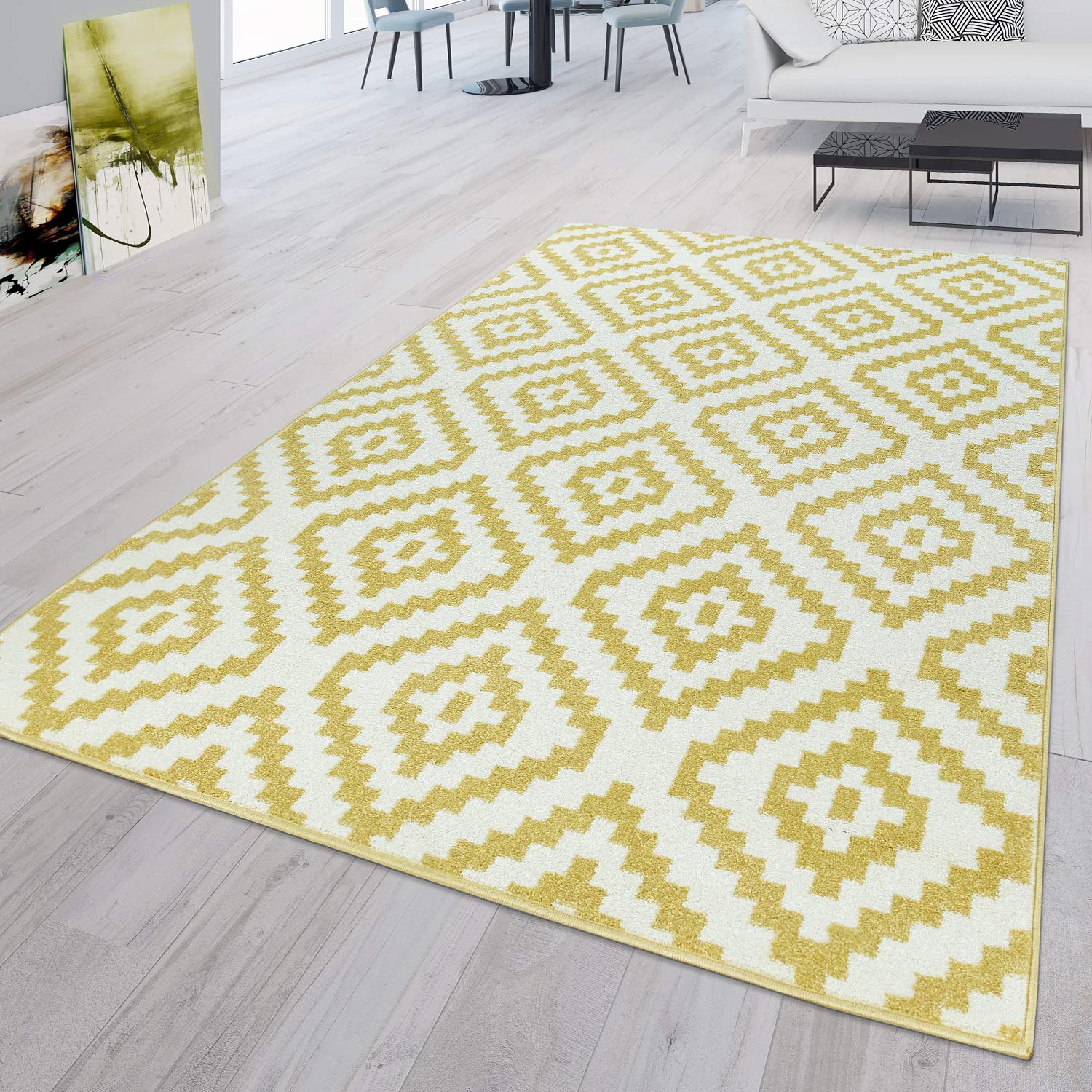 TT Home Wohnzimmer Teppich Kurzflor Ethno Design Rauten Design Skandi Modern, Farbe: Gelb, Größe: 200x280 cm